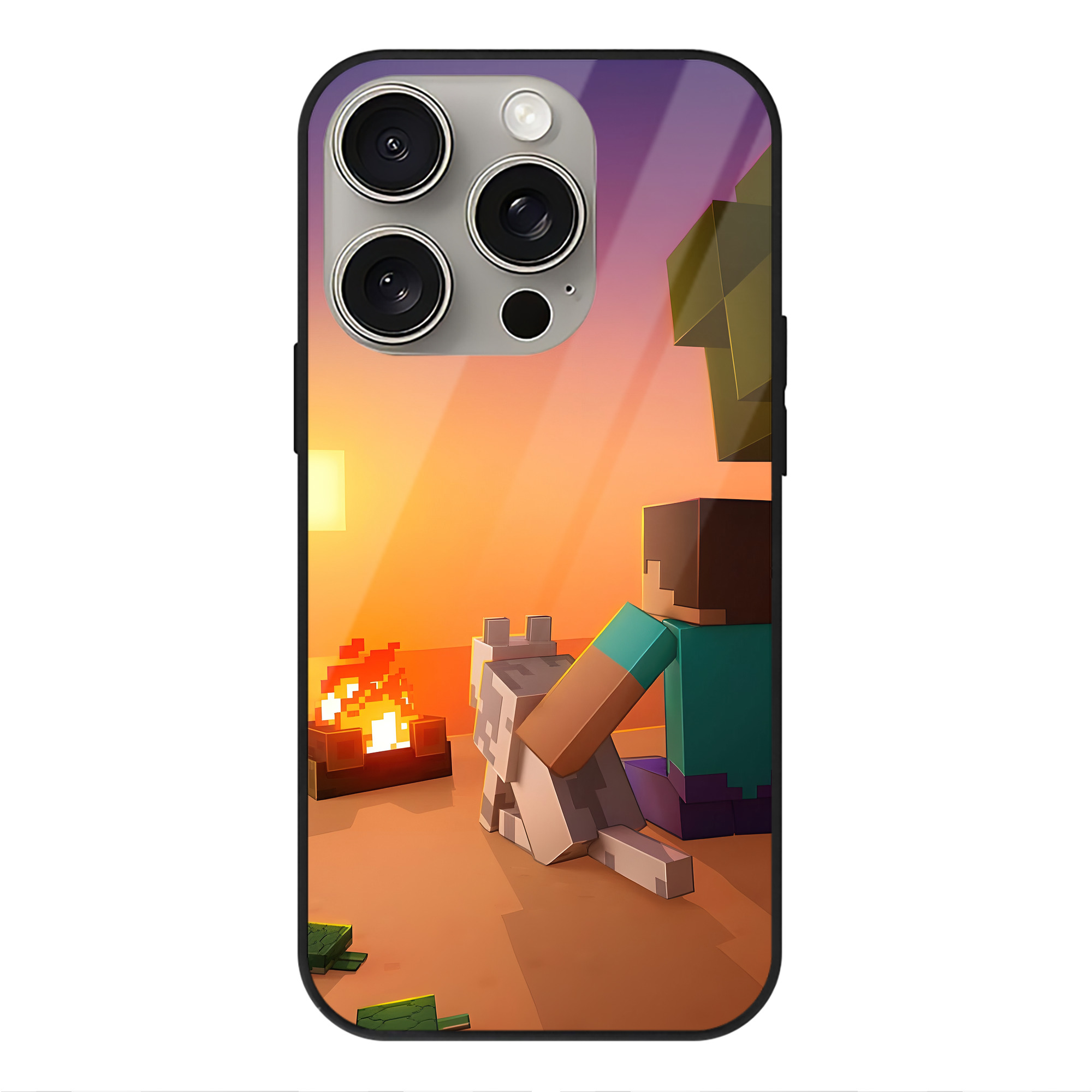 （画像用） マインクラフト ブロックの世界 Minecraft MC Block world 【iPhone15Pro対応】スマホケース 耐衝撃＆黄変防止 背面ガラス