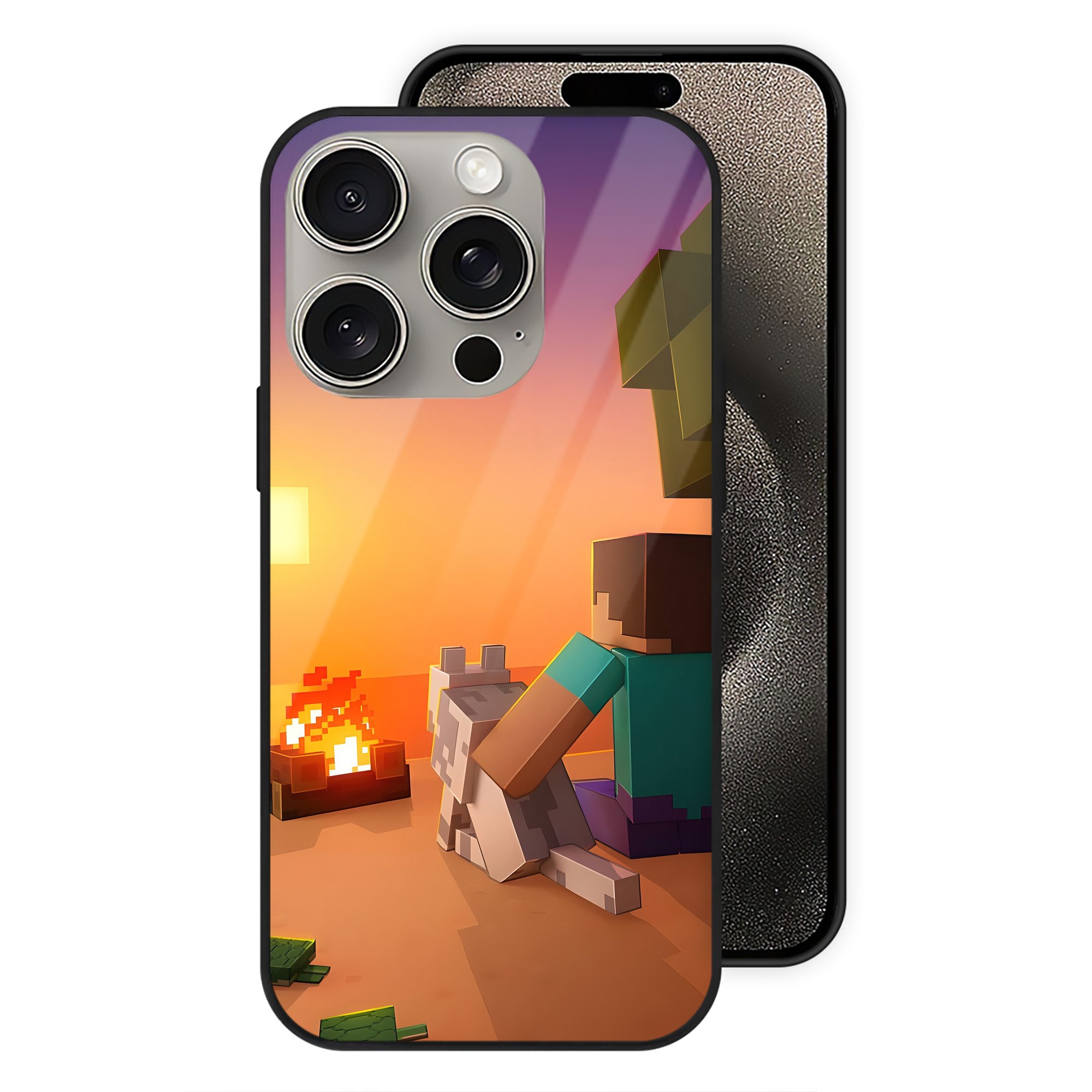 （画像用） マインクラフト ブロックの世界 Minecraft MC Block world 【iPhone15Pro対応】スマホケース 耐衝撃＆黄変防止 背面ガラス