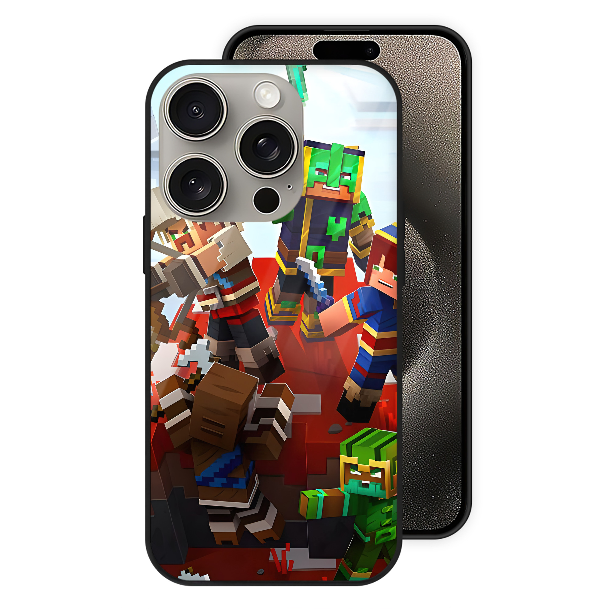 （画像用） マインクラフト ブロックの世界 Minecraft MC Block world 【iPhone15Pro対応】スマホケース 耐衝撃＆黄変防止 背面ガラス