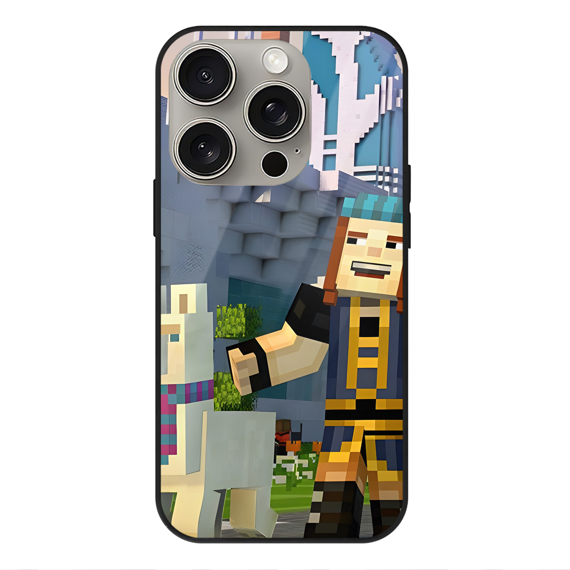 （画像用） マインクラフト ブロックの世界 Minecraft MC Block world 【iPhone15Pro対応】スマホケース 耐衝撃＆黄変防止 背面ガラス
