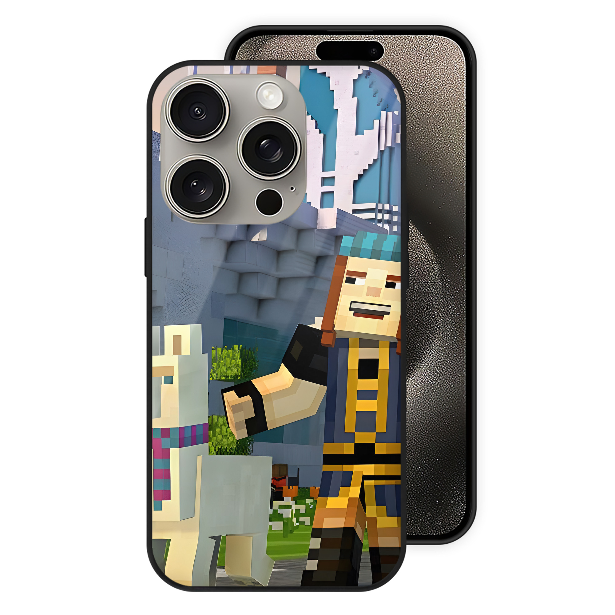 （画像用） マインクラフト ブロックの世界 Minecraft MC Block world 【iPhone15Pro対応】スマホケース 耐衝撃＆黄変防止 背面ガラス
