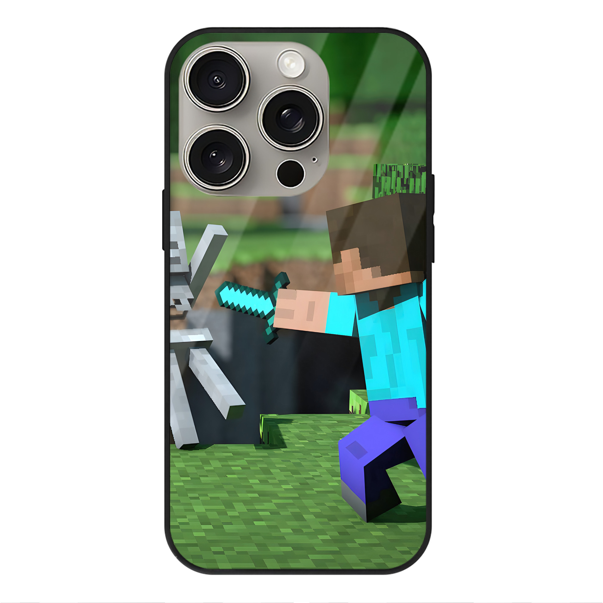 （画像用） マインクラフト ブロックの世界 Minecraft MC Block world 【iPhone15Pro対応】スマホケース 耐衝撃＆黄変防止 背面ガラス