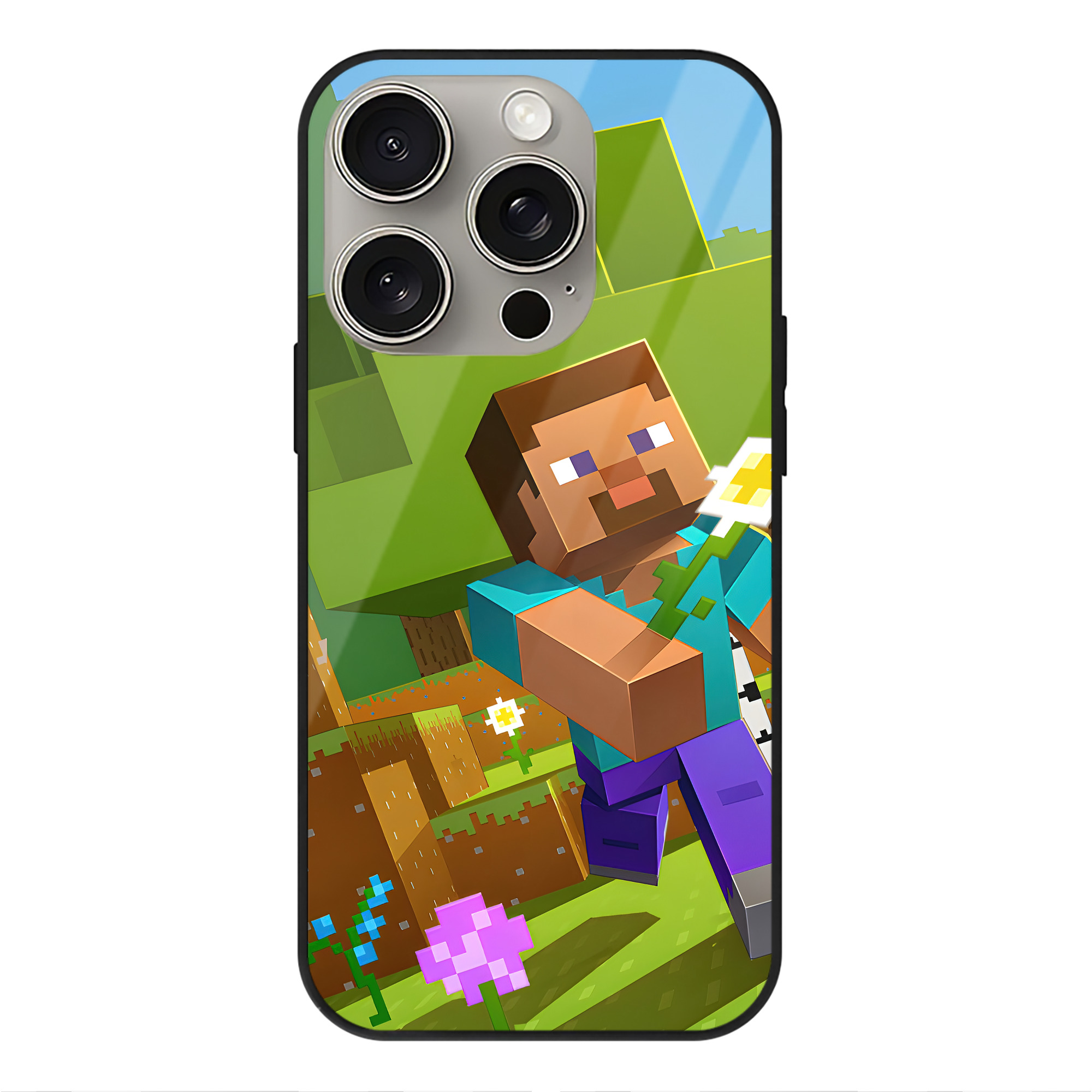 （画像用） マインクラフト ブロックの世界 Minecraft MC Block world 【iPhone15Pro対応】スマホケース 耐衝撃＆黄変防止 背面ガラス