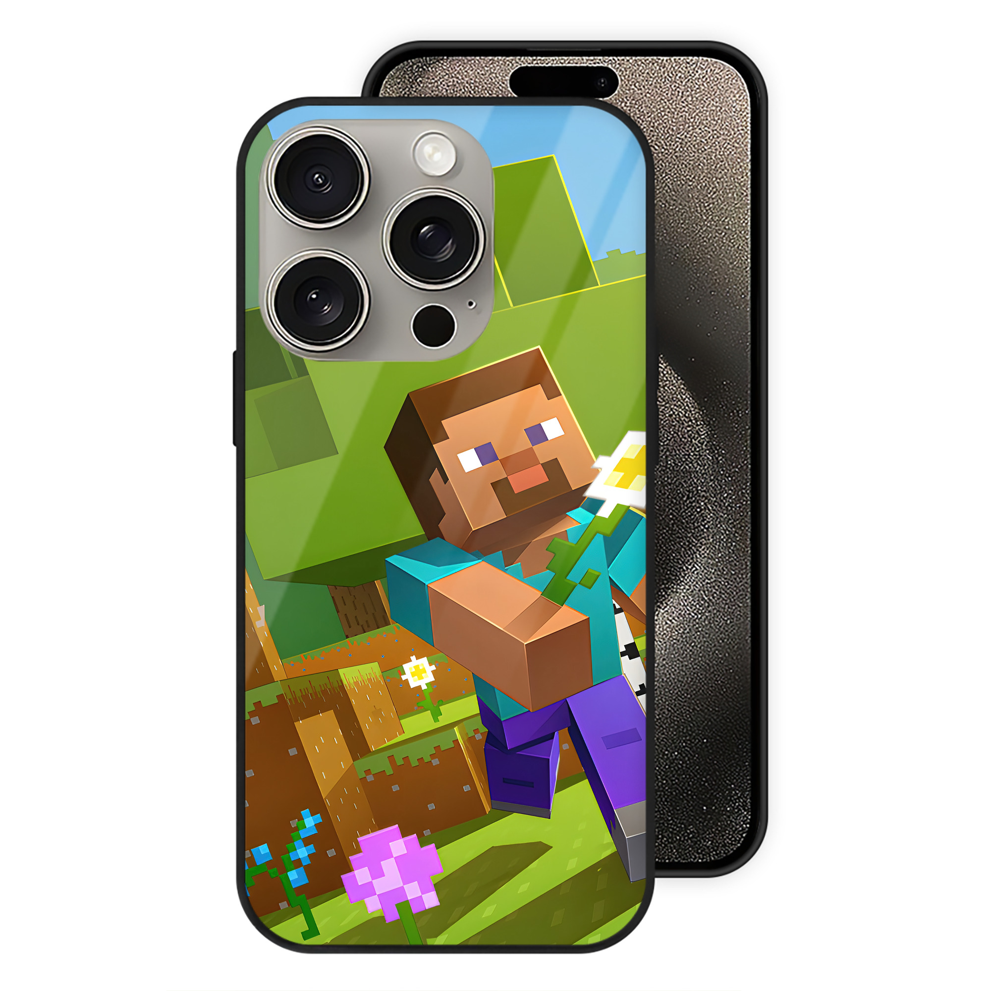 （画像用） マインクラフト ブロックの世界 Minecraft MC Block world 【iPhone15Pro対応】スマホケース 耐衝撃＆黄変防止 背面ガラス