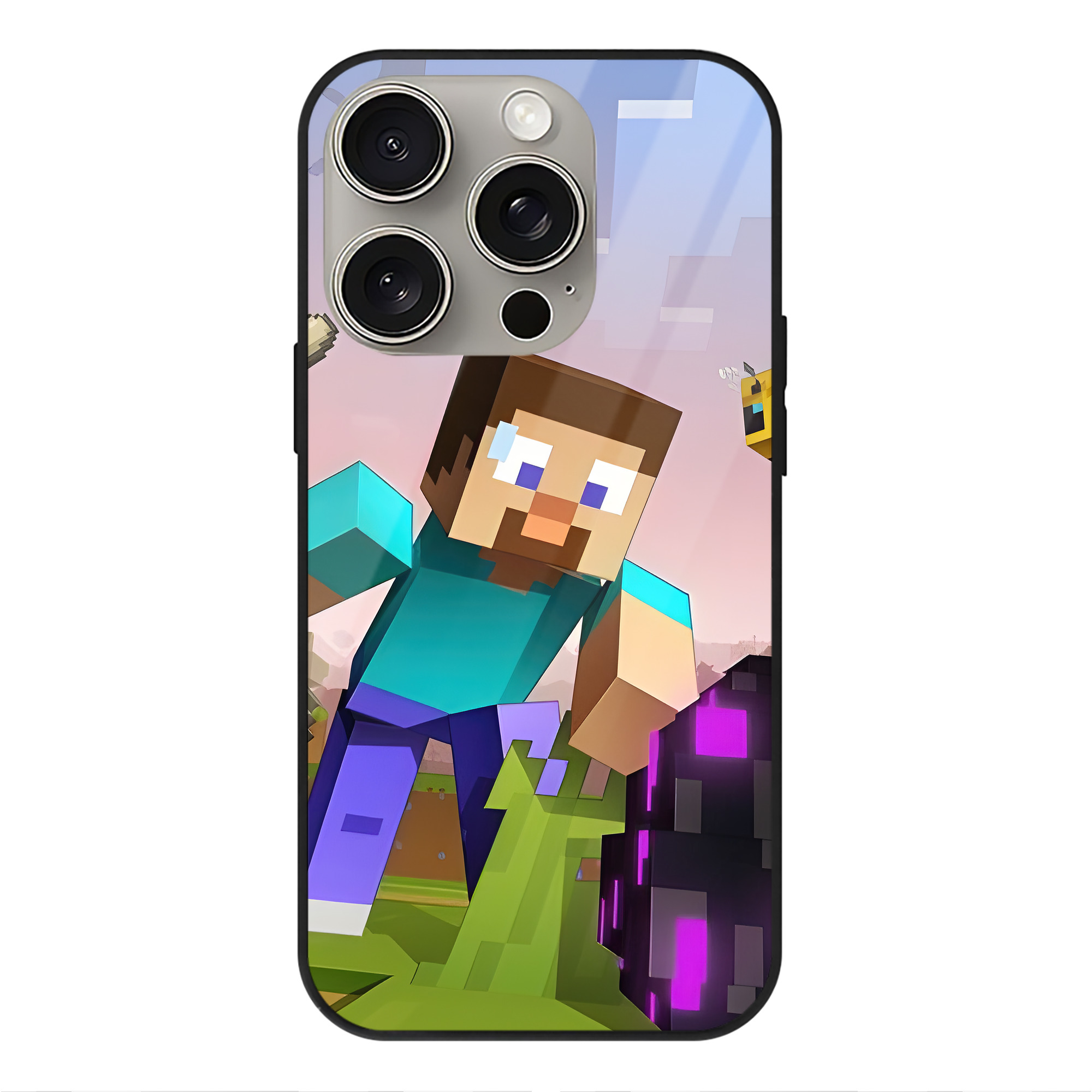 （画像用） マインクラフト ブロックの世界 Minecraft MC Block world 【iPhone15Pro対応】スマホケース 耐衝撃＆黄変防止 背面ガラス