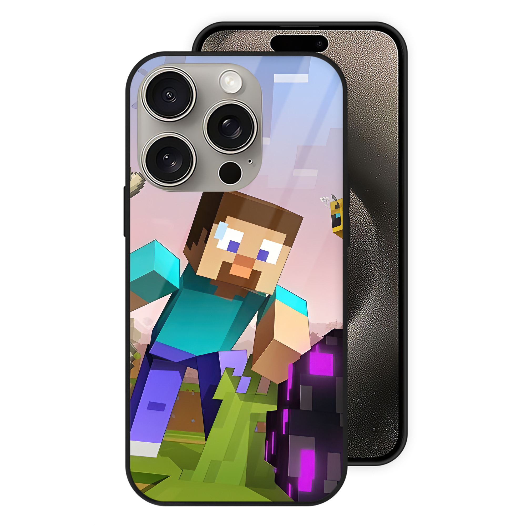（画像用） マインクラフト ブロックの世界 Minecraft MC Block world 【iPhone15Pro対応】スマホケース 耐衝撃＆黄変防止 背面ガラス
