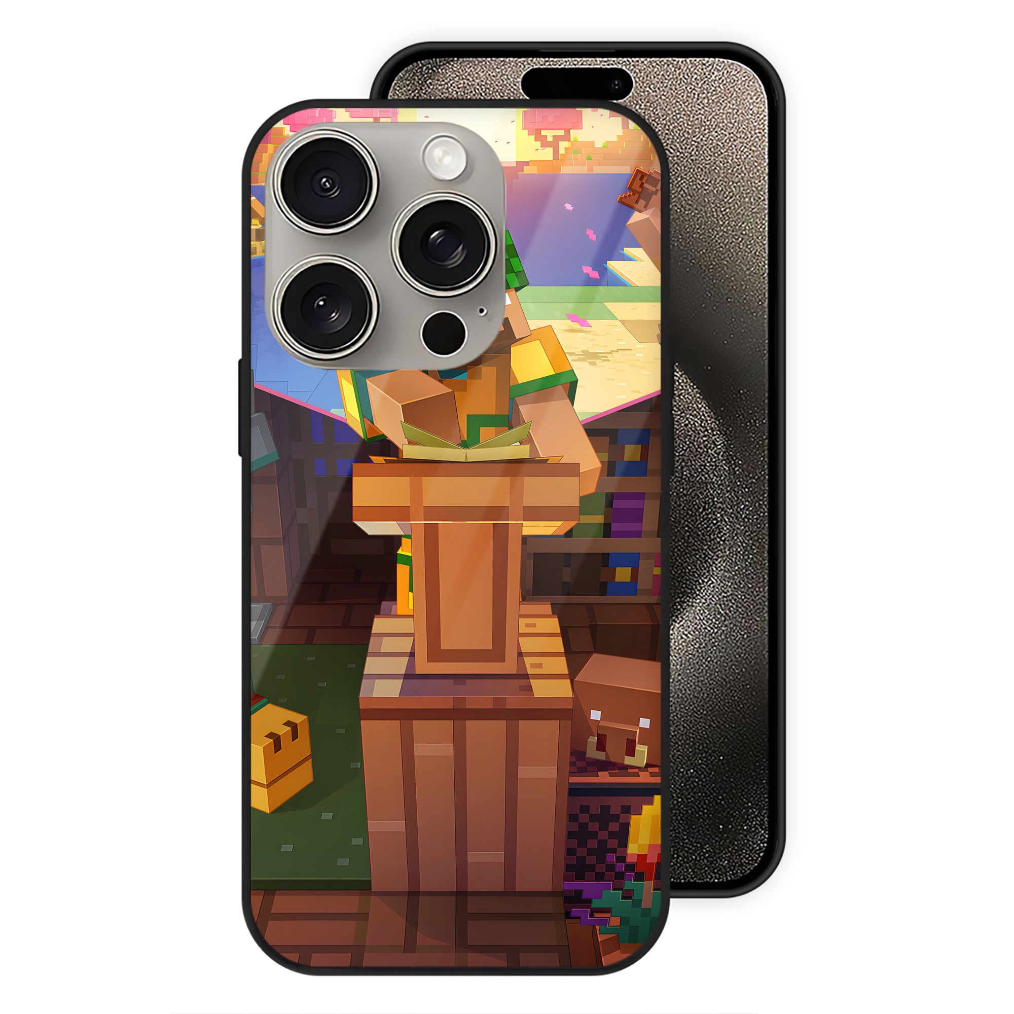 （画像用） マインクラフト ブロックの世界 Minecraft MC Block world 【iPhone15Pro対応】スマホケース 耐衝撃＆黄変防止 背面ガラス