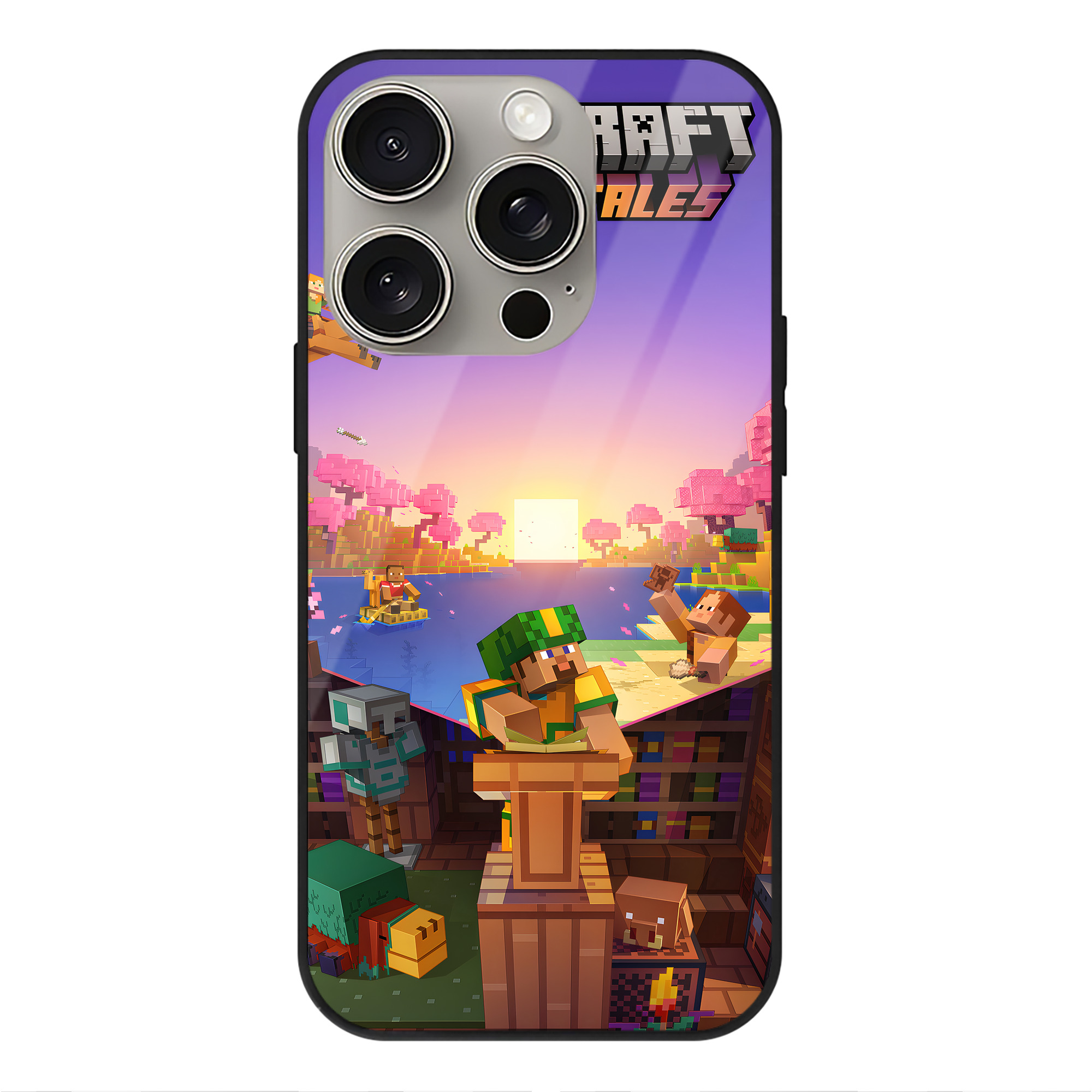（画像用） マインクラフト ブロックの世界 Minecraft MC Block world 【iPhone15Pro対応】スマホケース 耐衝撃＆黄変防止 背面ガラス