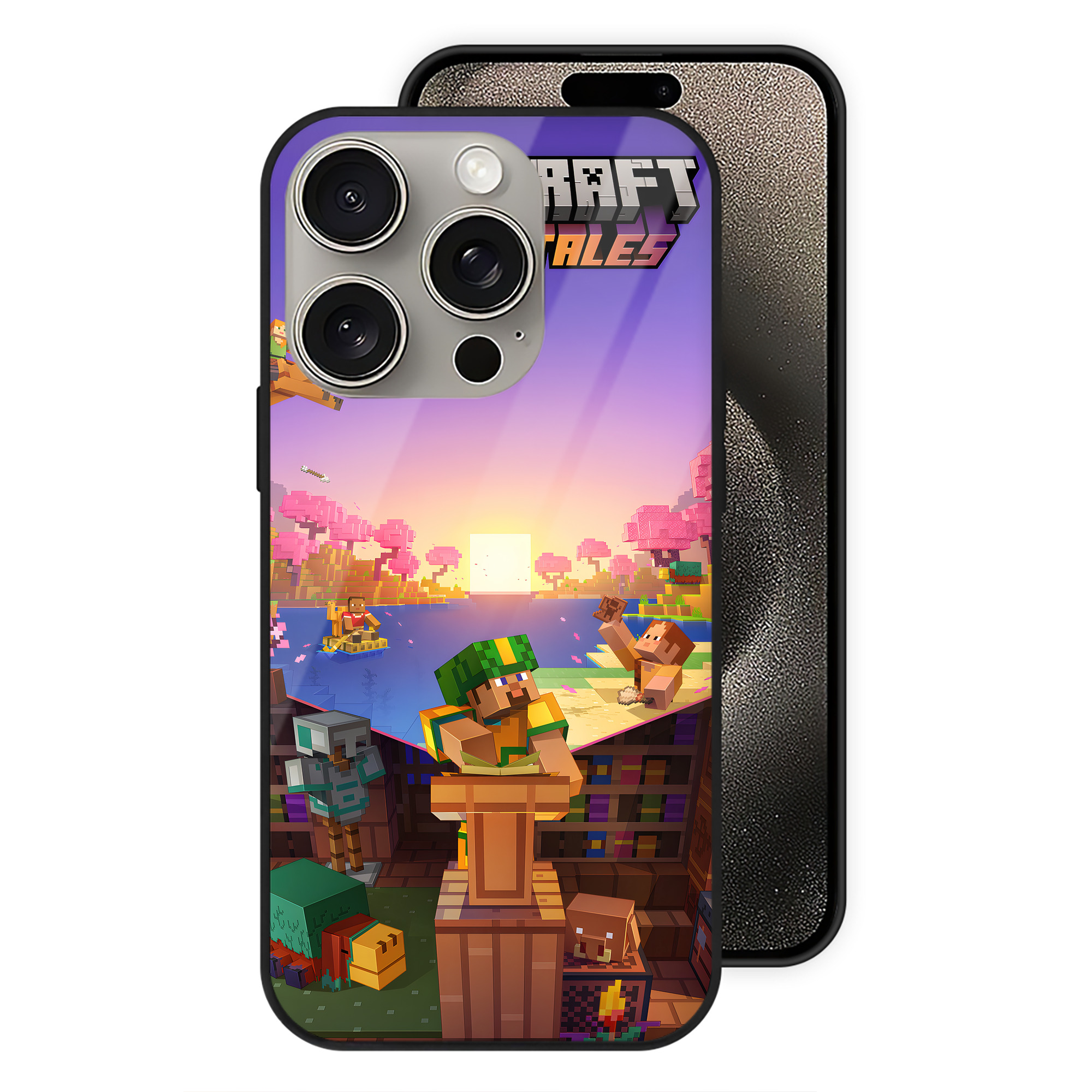 （画像用） マインクラフト ブロックの世界 Minecraft MC Block world 【iPhone15Pro対応】スマホケース 耐衝撃＆黄変防止 背面ガラス