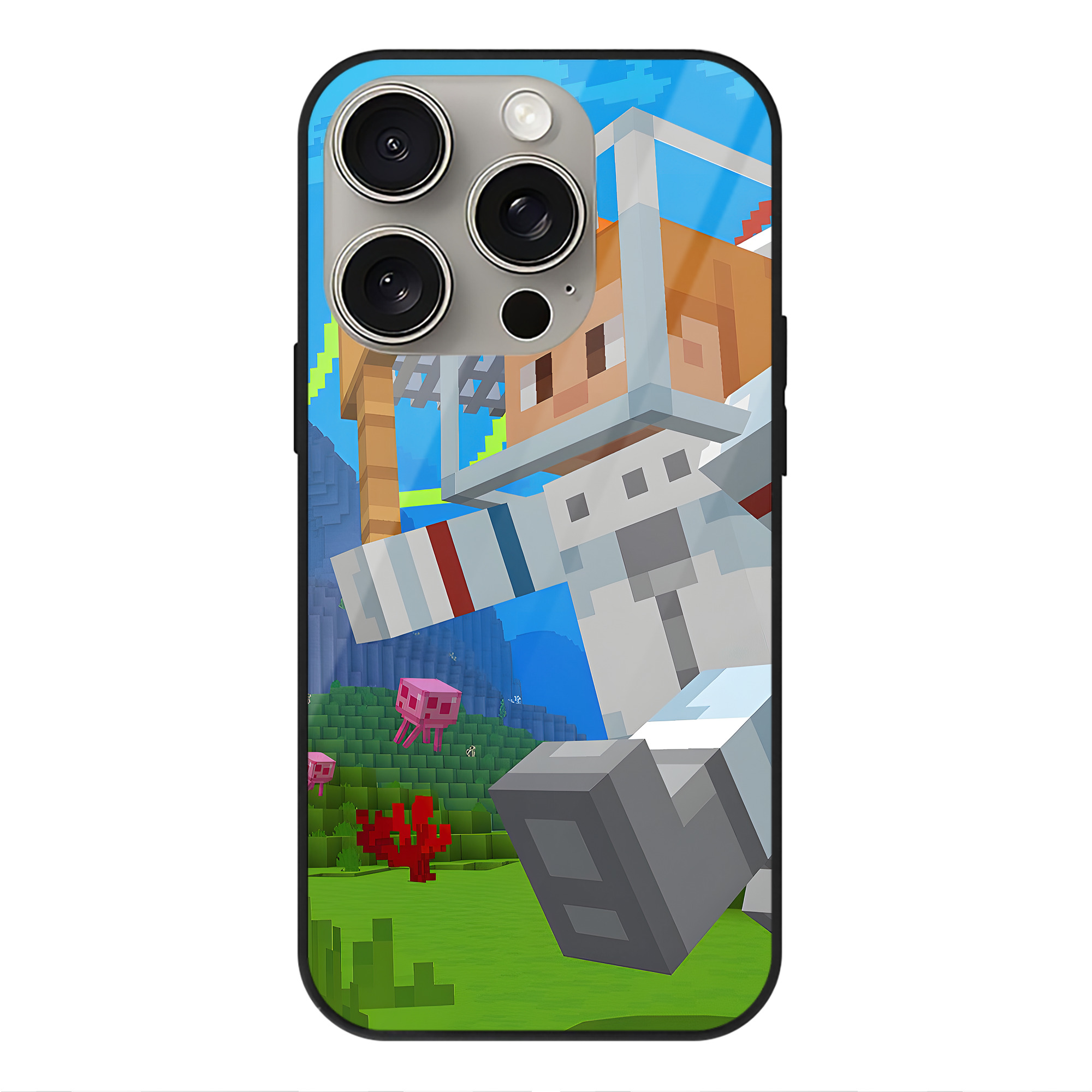 （画像用） マインクラフト ブロックの世界 Minecraft MC Block world 【iPhone15Pro対応】スマホケース 耐衝撃＆黄変防止 背面ガラス
