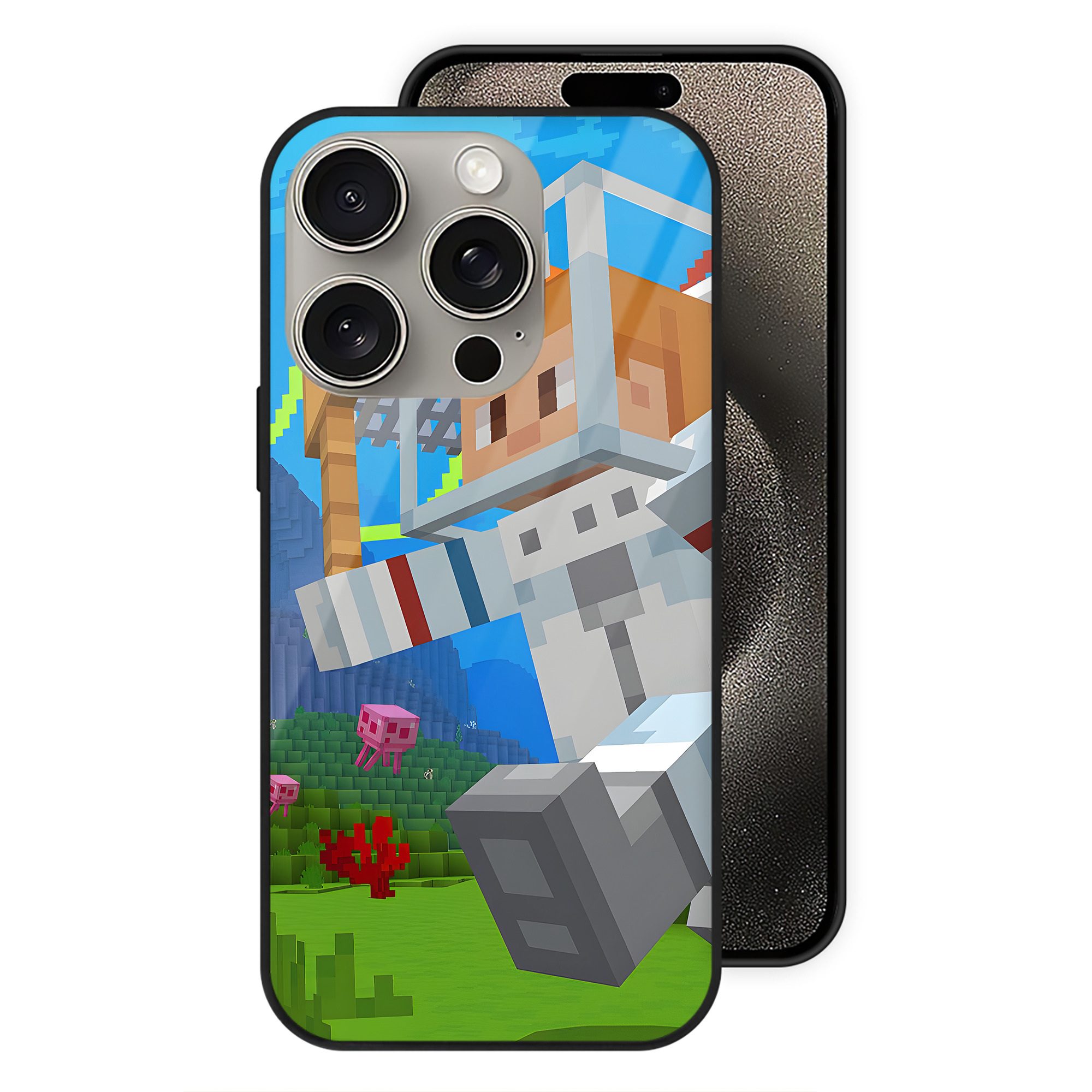 （画像用） マインクラフト ブロックの世界 Minecraft MC Block world 【iPhone15Pro対応】スマホケース 耐衝撃＆黄変防止 背面ガラス