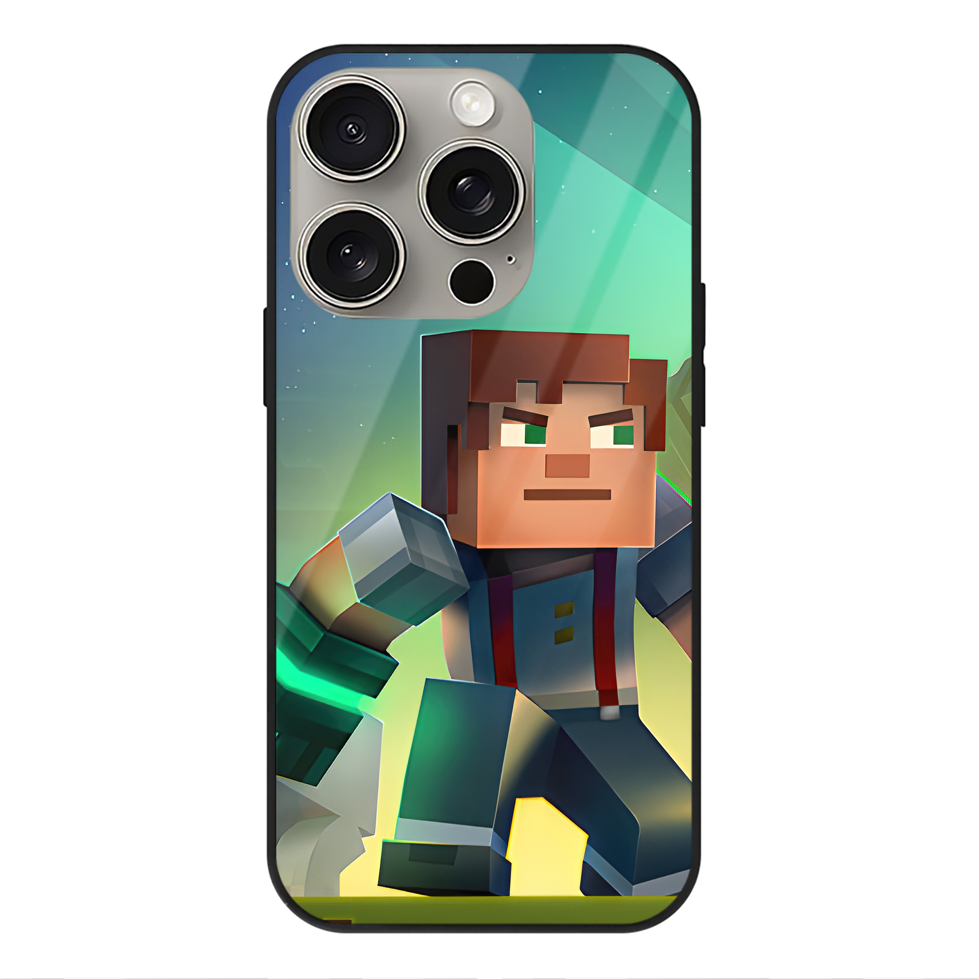 （画像用） マインクラフト ブロックの世界 Minecraft MC Block world 【iPhone15Pro対応】スマホケース 耐衝撃＆黄変防止 背面ガラス