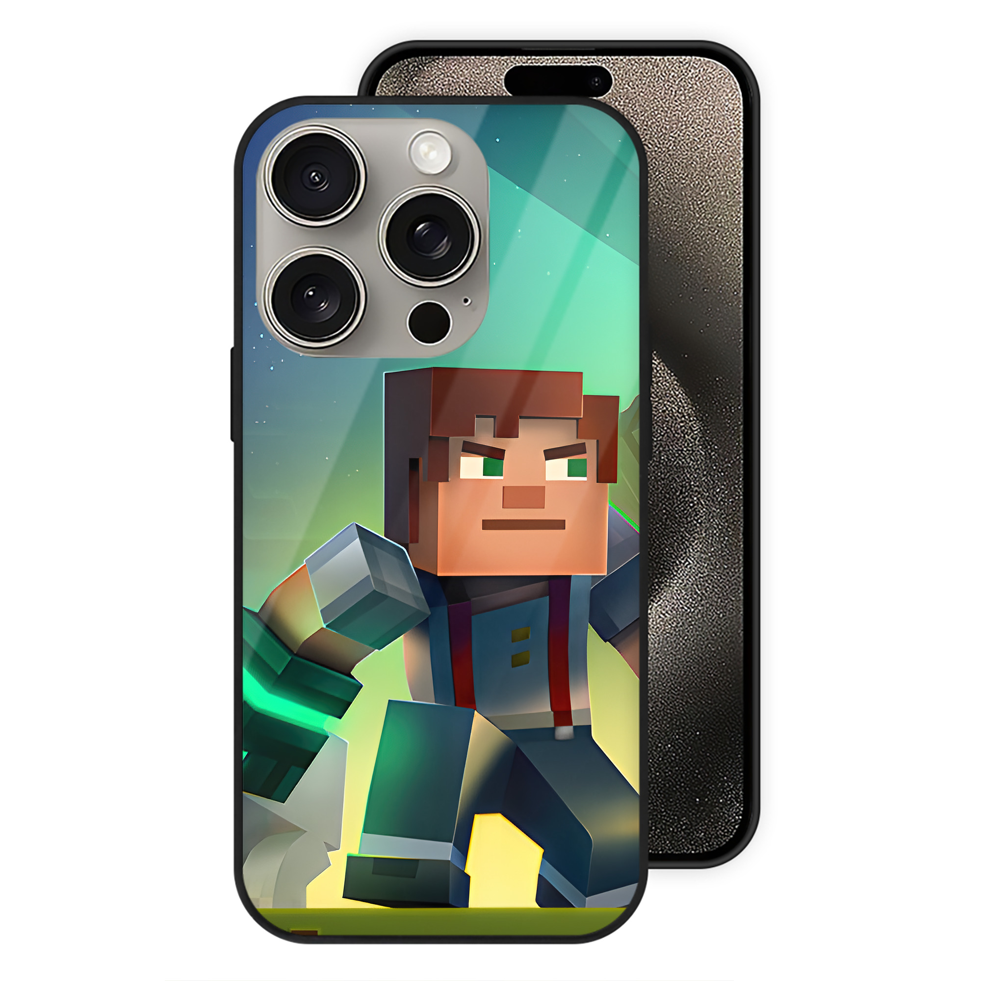 （画像用） マインクラフト ブロックの世界 Minecraft MC Block world 【iPhone15Pro対応】スマホケース 耐衝撃＆黄変防止 背面ガラス