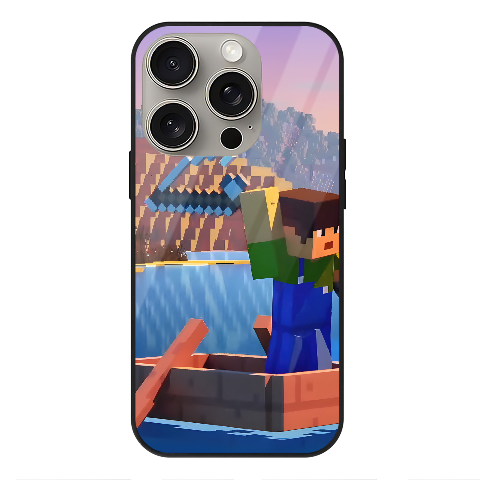 （画像用） マインクラフト ブロックの世界 Minecraft MC Block world 【iPhone15Pro対応】スマホケース 耐衝撃＆黄変防止 背面ガラス