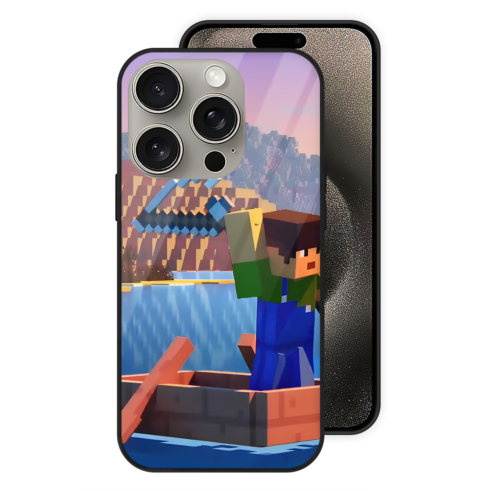 （画像用） マインクラフト ブロックの世界 Minecraft MC Block world 【iPhone15Pro対応】スマホケース 耐衝撃＆黄変防止 背面ガラス