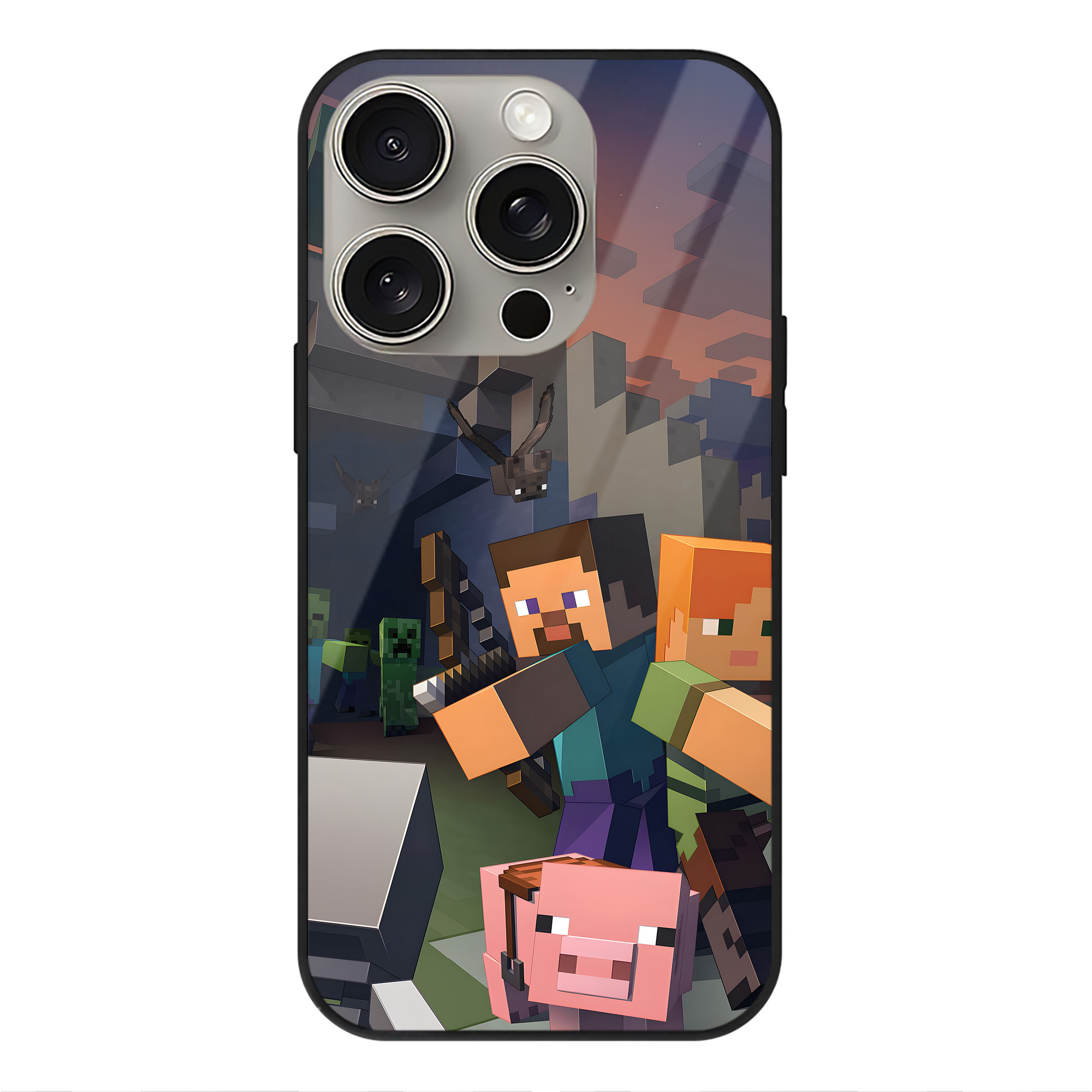 （画像用） マインクラフト ブロックの世界 Minecraft MC Block world 【iPhone15Pro対応】スマホケース 耐衝撃＆黄変防止 背面ガラス