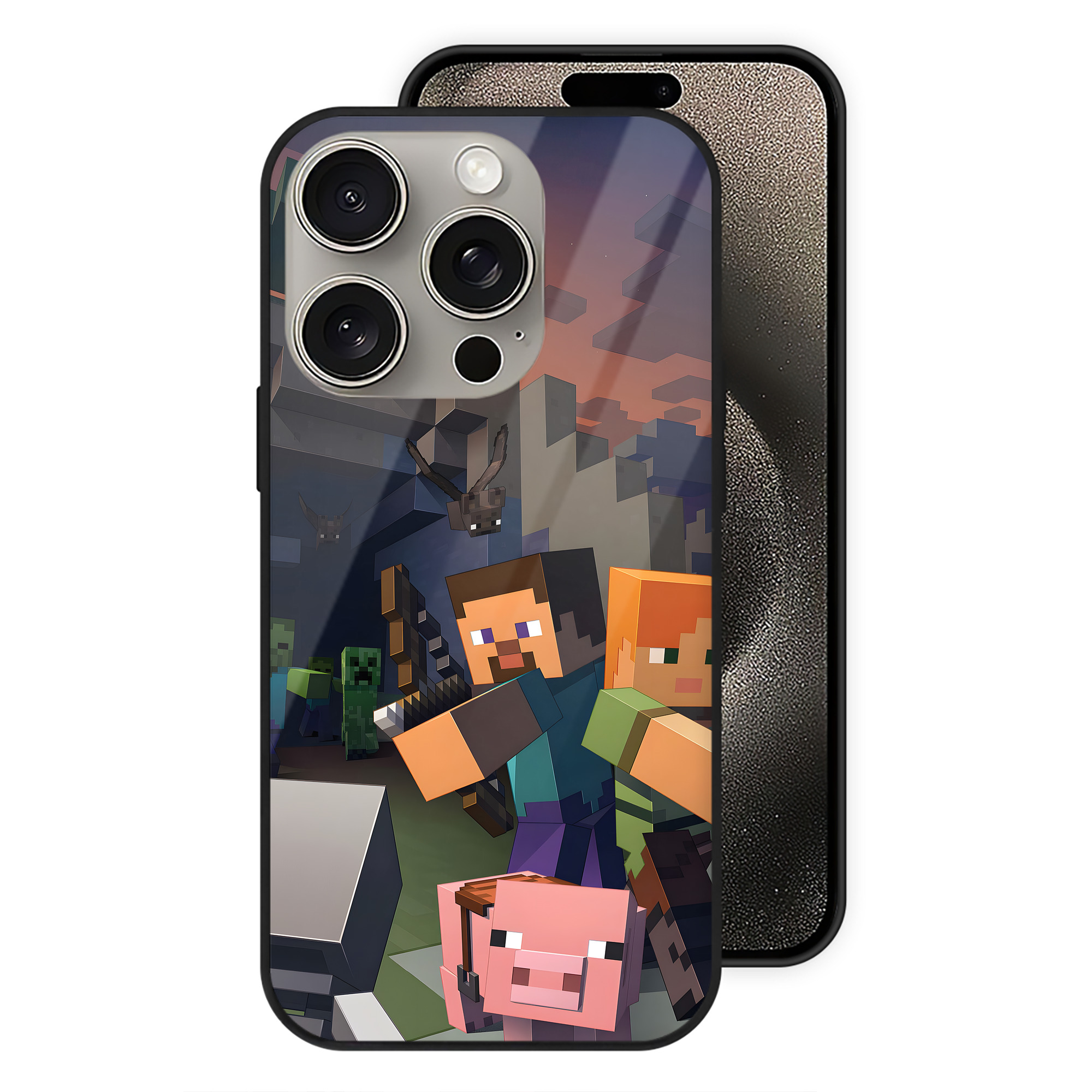 （画像用） マインクラフト ブロックの世界 Minecraft MC Block world 【iPhone15Pro対応】スマホケース 耐衝撃＆黄変防止 背面ガラス