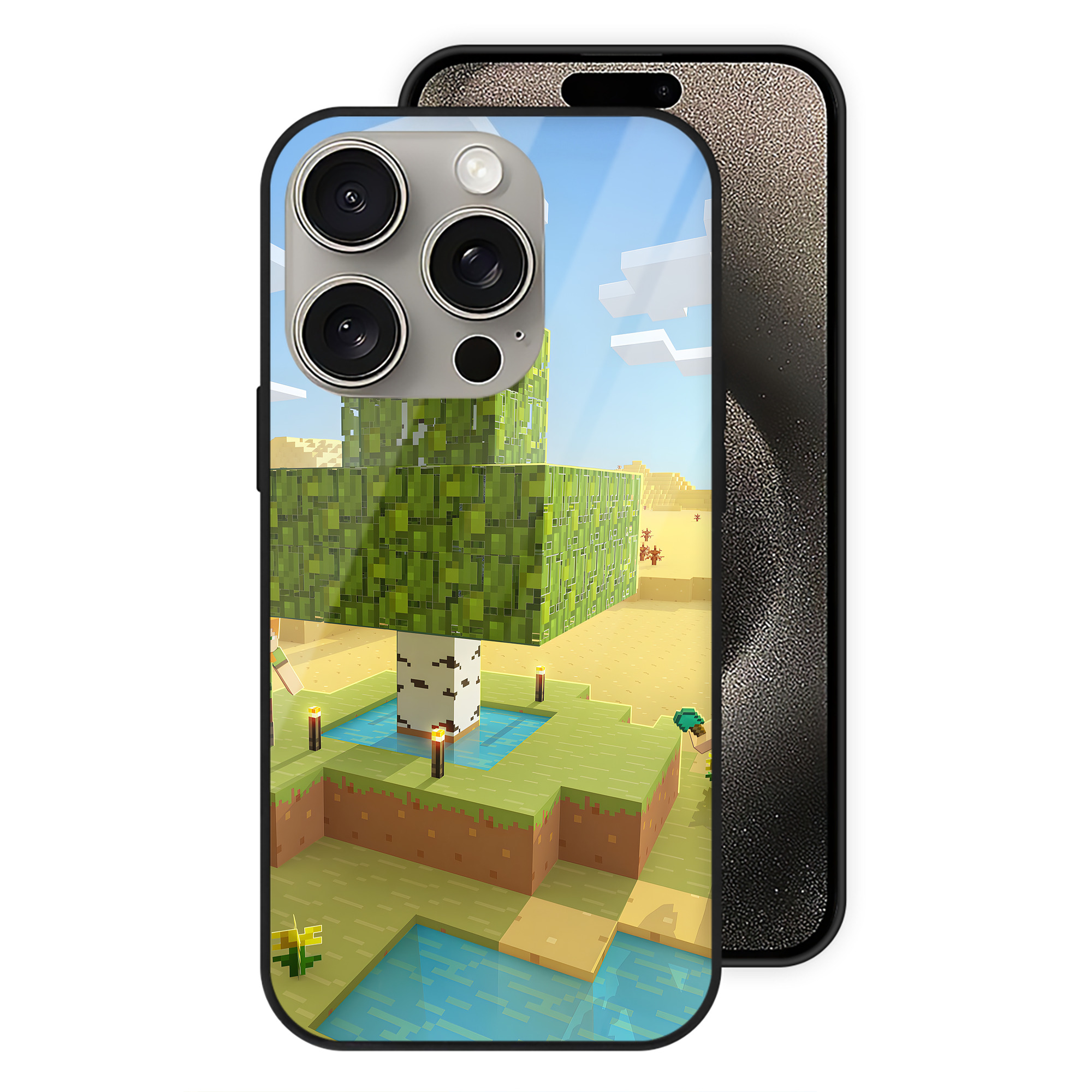 （画像用） マインクラフト ブロックの世界 Minecraft MC Block world 【iPhone15Pro対応】スマホケース 耐衝撃＆黄変防止 背面ガラス