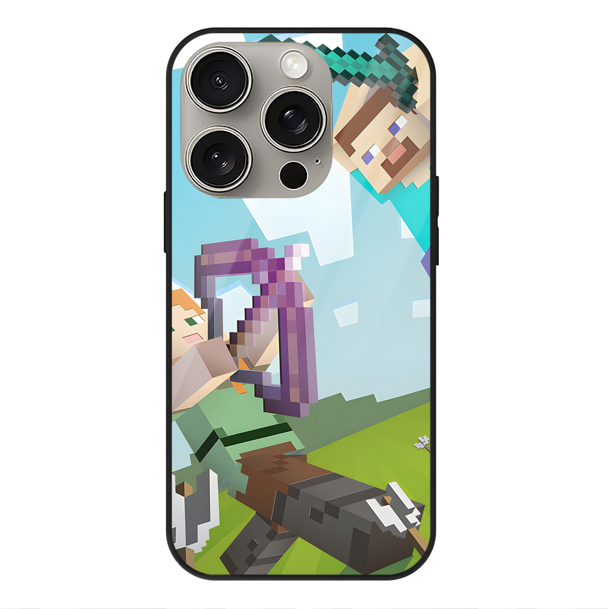 （画像用） マインクラフト ブロックの世界 Minecraft MC Block world 【iPhone15Pro対応】スマホケース 耐衝撃＆黄変防止 背面ガラス