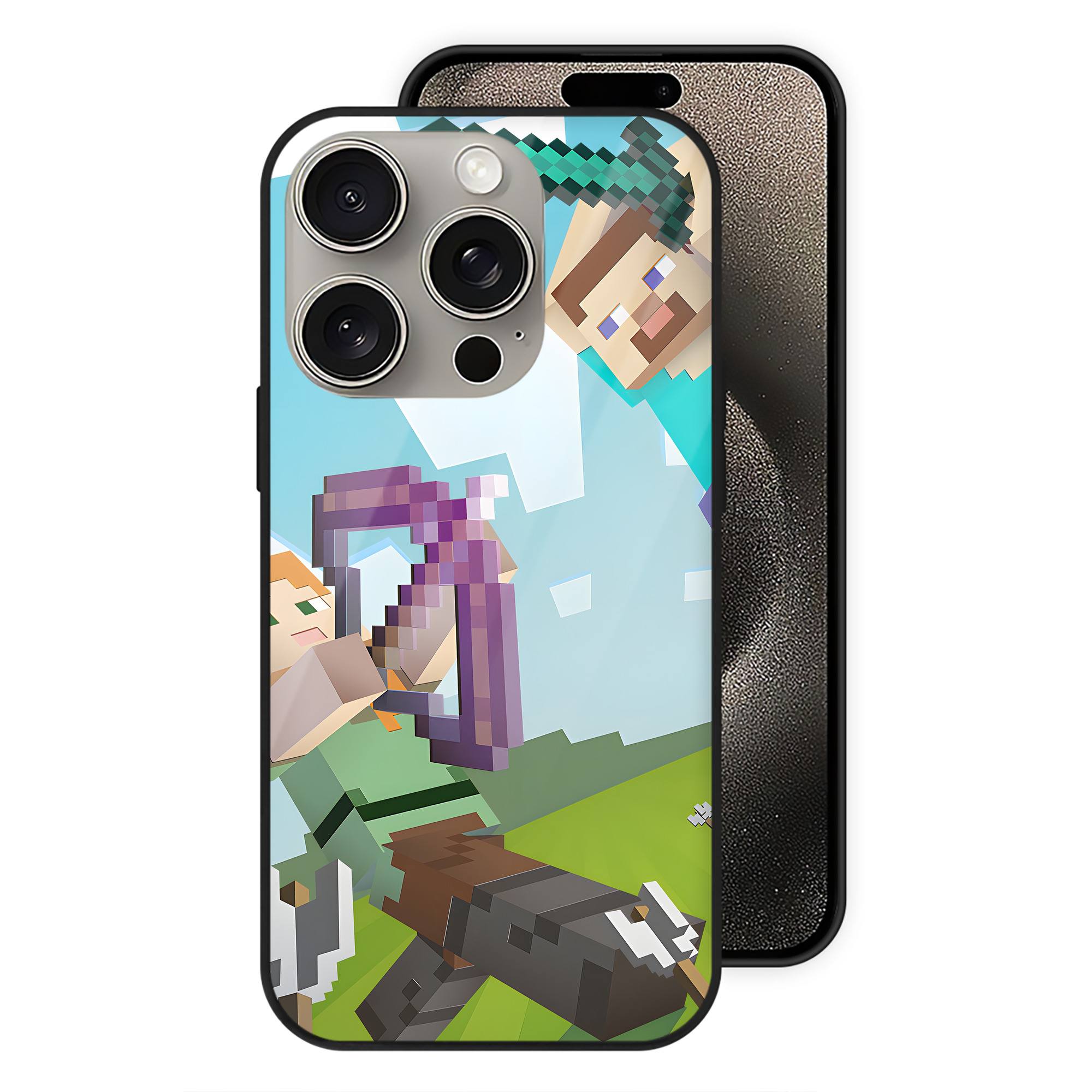 （画像用） マインクラフト ブロックの世界 Minecraft MC Block world 【iPhone15Pro対応】スマホケース 耐衝撃＆黄変防止 背面ガラス