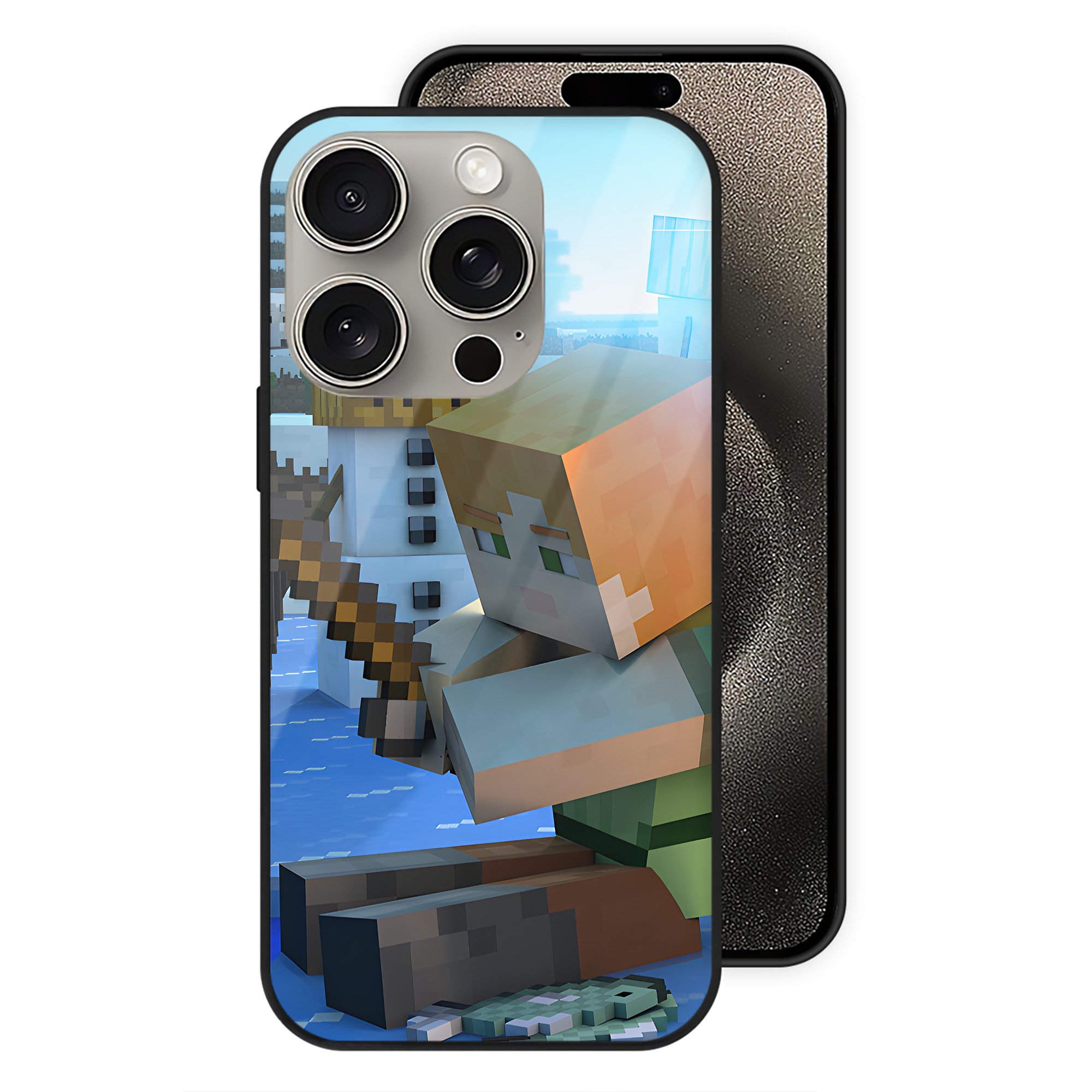（画像用） マインクラフト ブロックの世界 Minecraft MC Block world 【iPhone15Pro対応】スマホケース 耐衝撃＆黄変防止 背面ガラス
