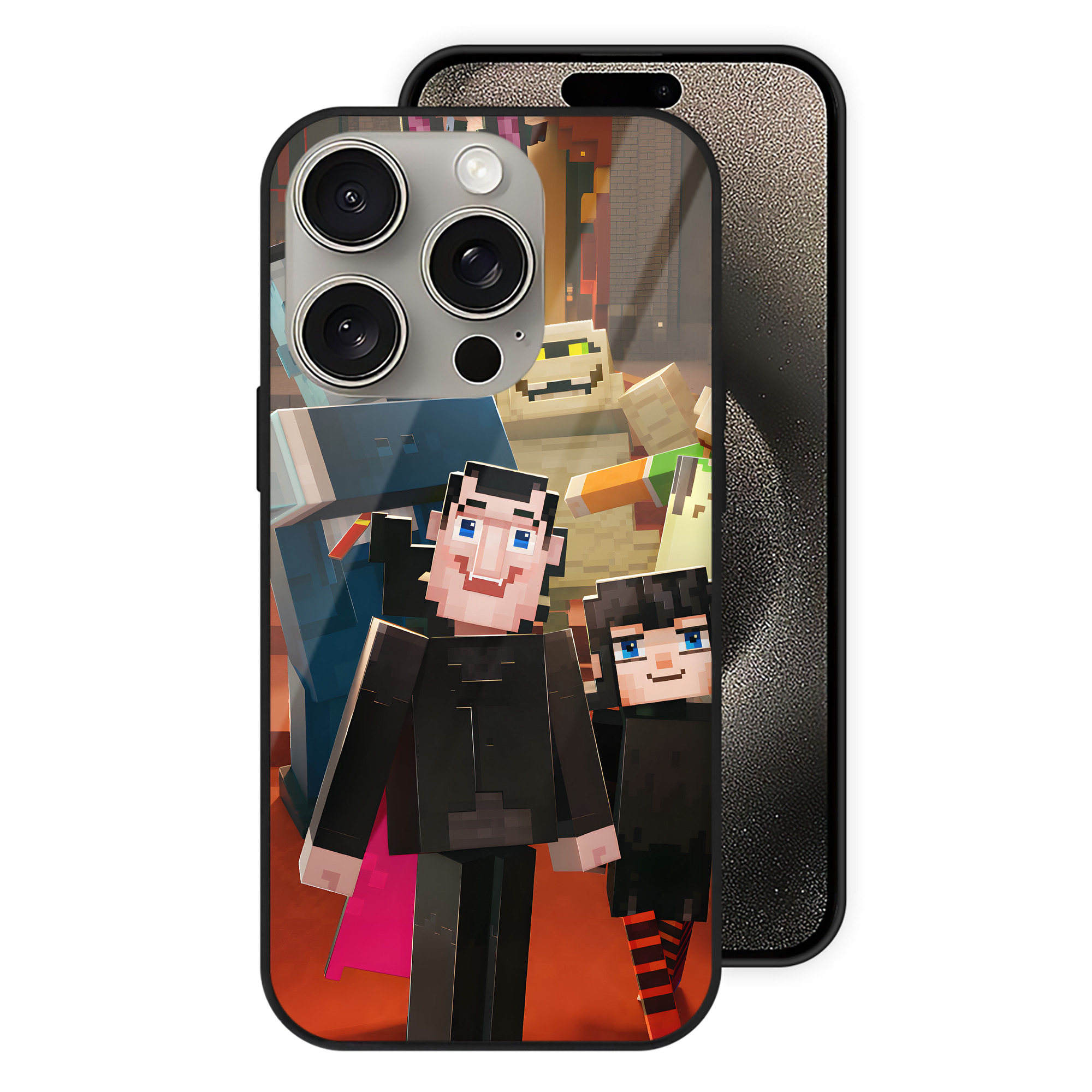 （画像用） マインクラフト ブロックの世界 Minecraft MC Block world 【iPhone15Pro対応】スマホケース 耐衝撃＆黄変防止 背面ガラス