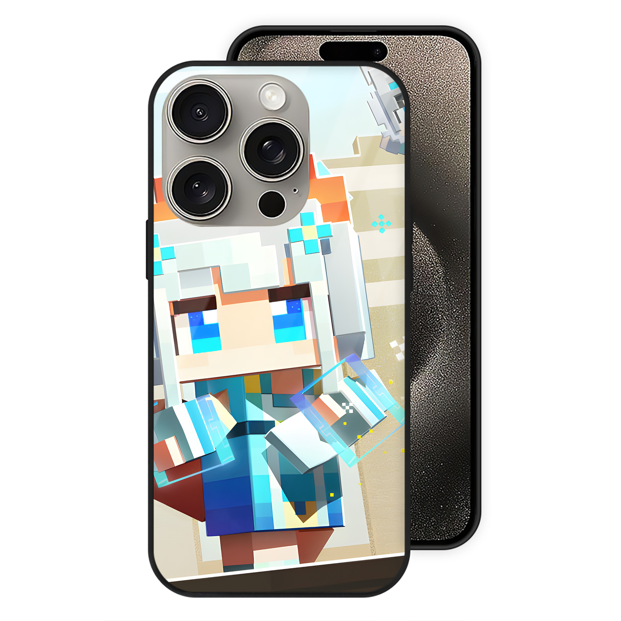 （画像用） マインクラフト ブロックの世界 Minecraft MC Block world 【iPhone15Pro対応】スマホケース 耐衝撃＆黄変防止 背面ガラス