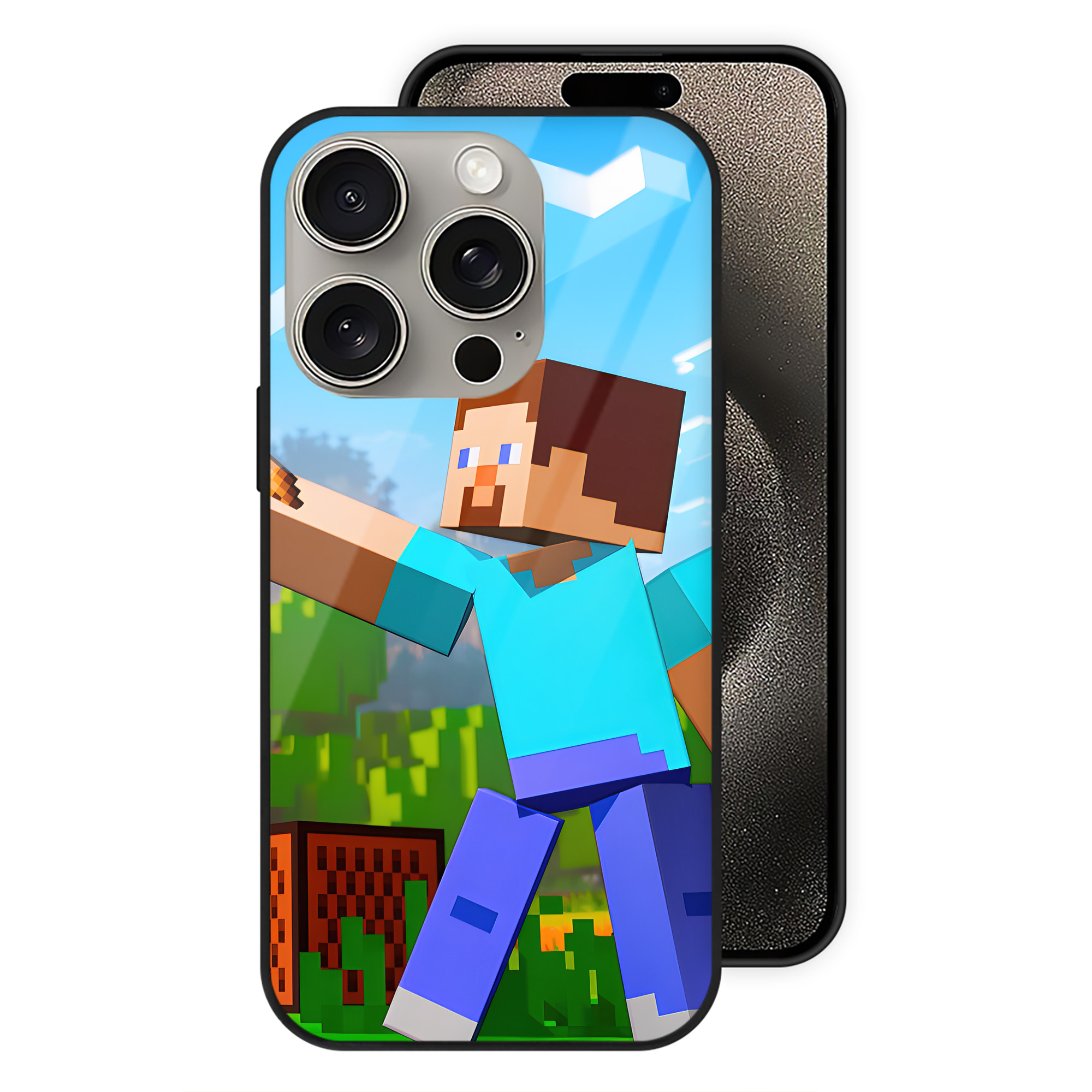 （画像用） マインクラフト ブロックの世界 Minecraft MC Block world 【iPhone15Pro対応】スマホケース 耐衝撃＆黄変防止 背面ガラス