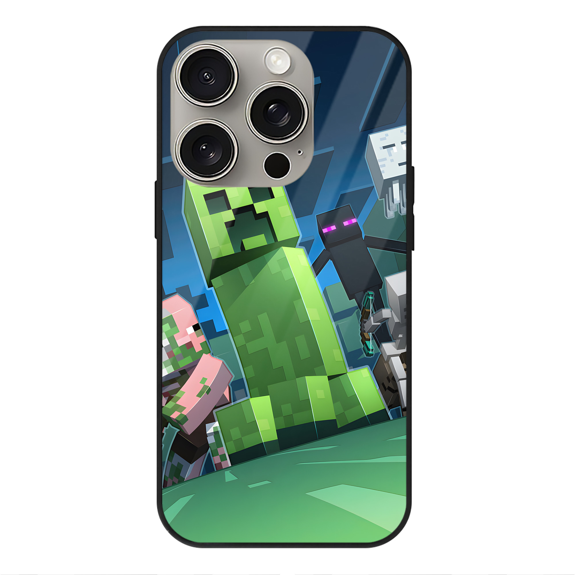（画像用） マインクラフト ブロックの世界 Minecraft MC Block world 【iPhone15Pro対応】スマホケース 耐衝撃＆黄変防止 背面ガラス