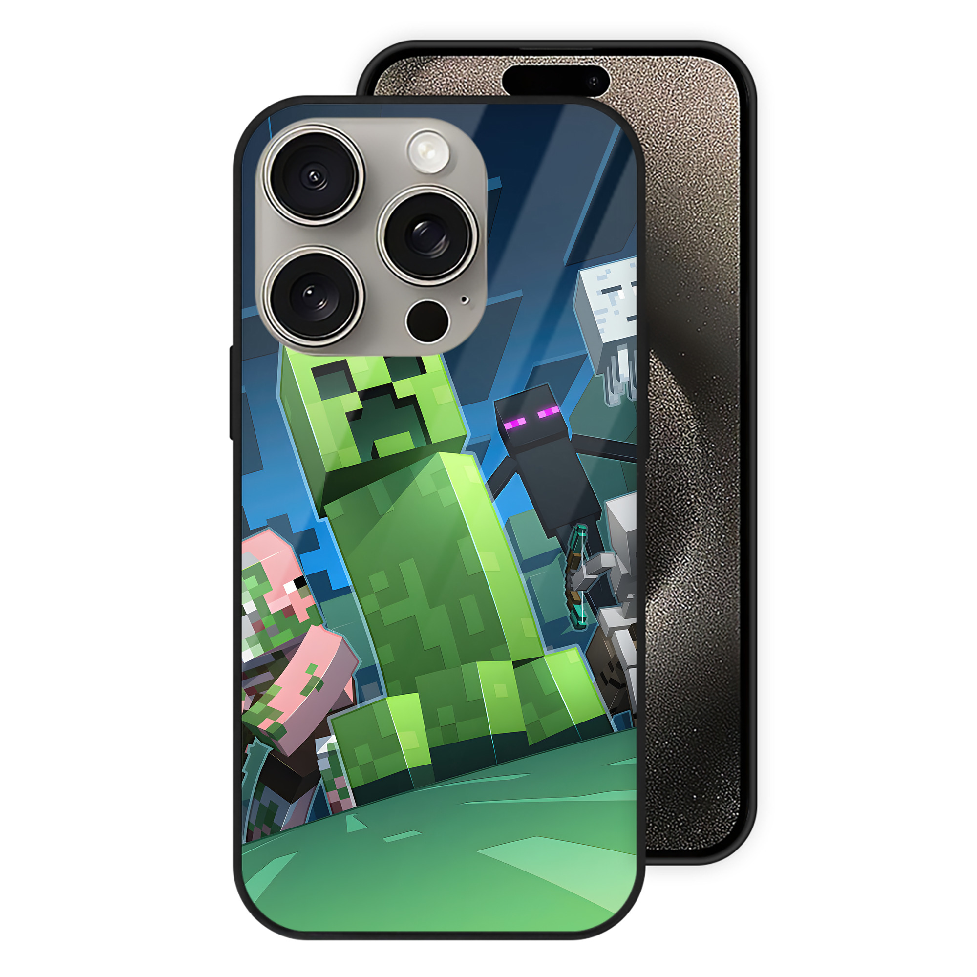 （画像用） マインクラフト ブロックの世界 Minecraft MC Block world 【iPhone15Pro対応】スマホケース 耐衝撃＆黄変防止 背面ガラス