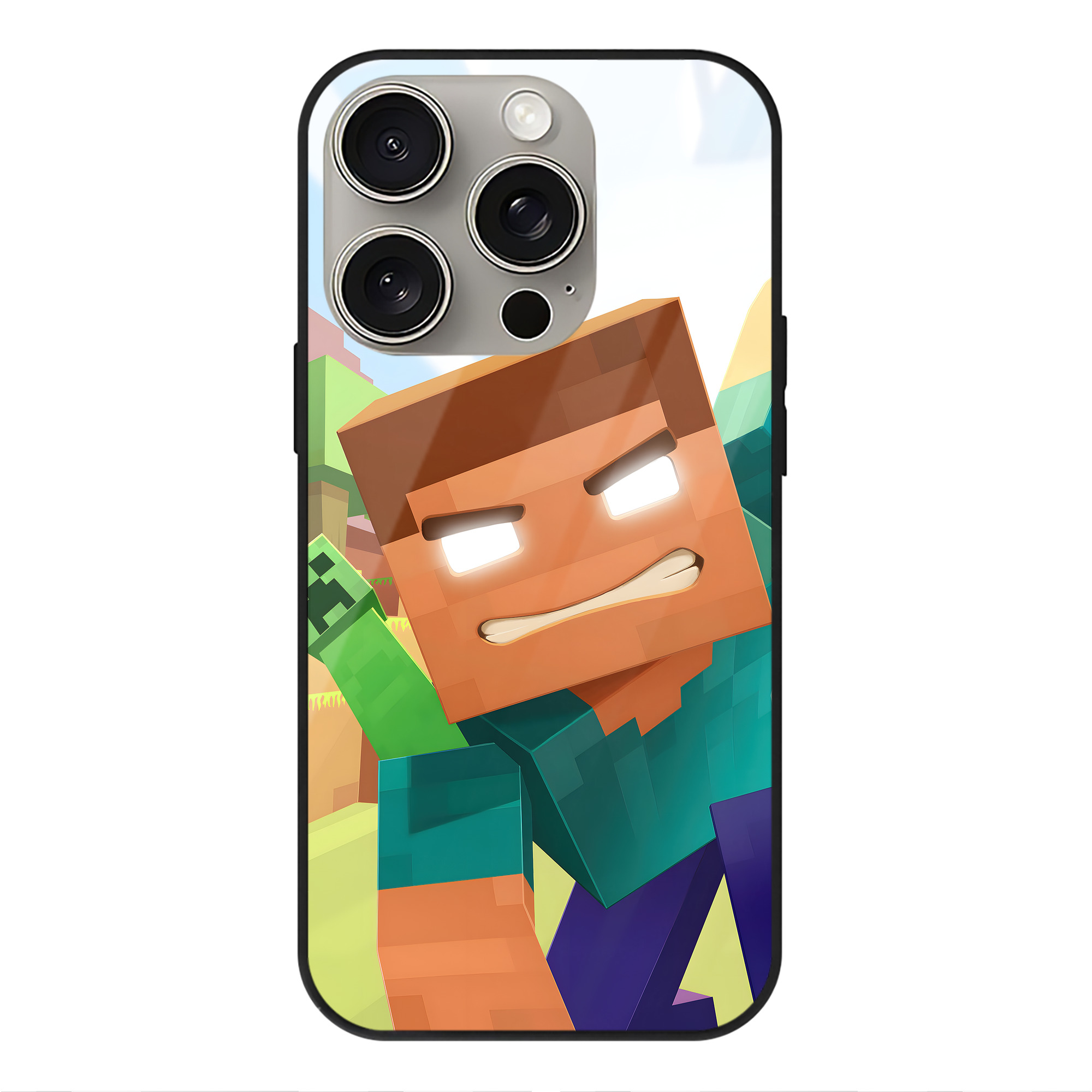 （画像用） マインクラフト ブロックの世界 Minecraft MC Block world 【iPhone15Pro対応】スマホケース 耐衝撃＆黄変防止 背面ガラス