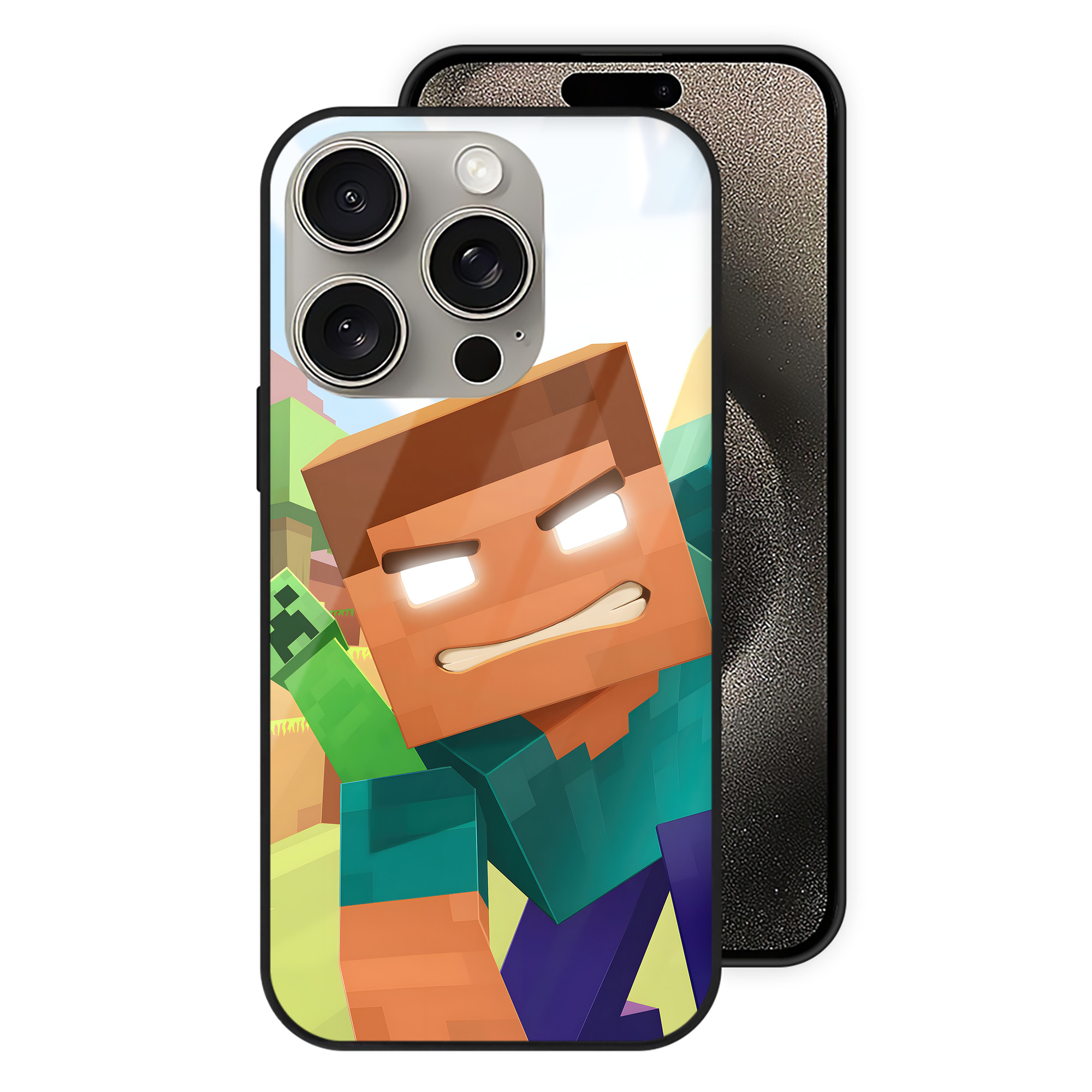 （画像用） マインクラフト ブロックの世界 Minecraft MC Block world 【iPhone15Pro対応】スマホケース 耐衝撃＆黄変防止 背面ガラス