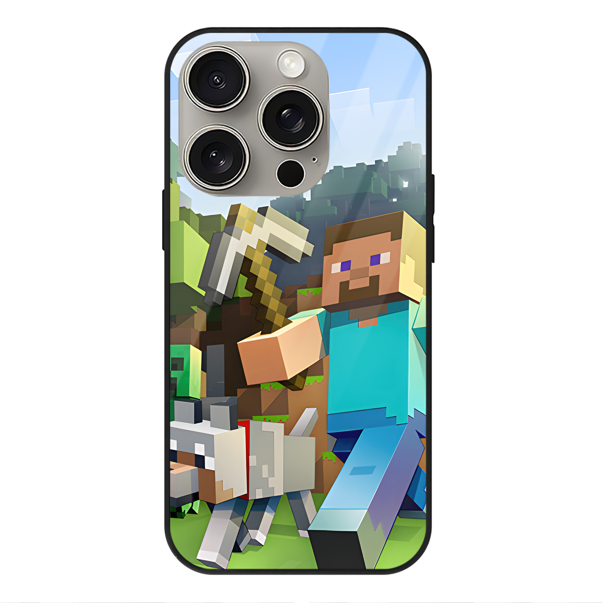 （画像用） マインクラフト ブロックの世界 Minecraft MC Block world 【iPhone15Pro対応】スマホケース 耐衝撃＆黄変防止 背面ガラス