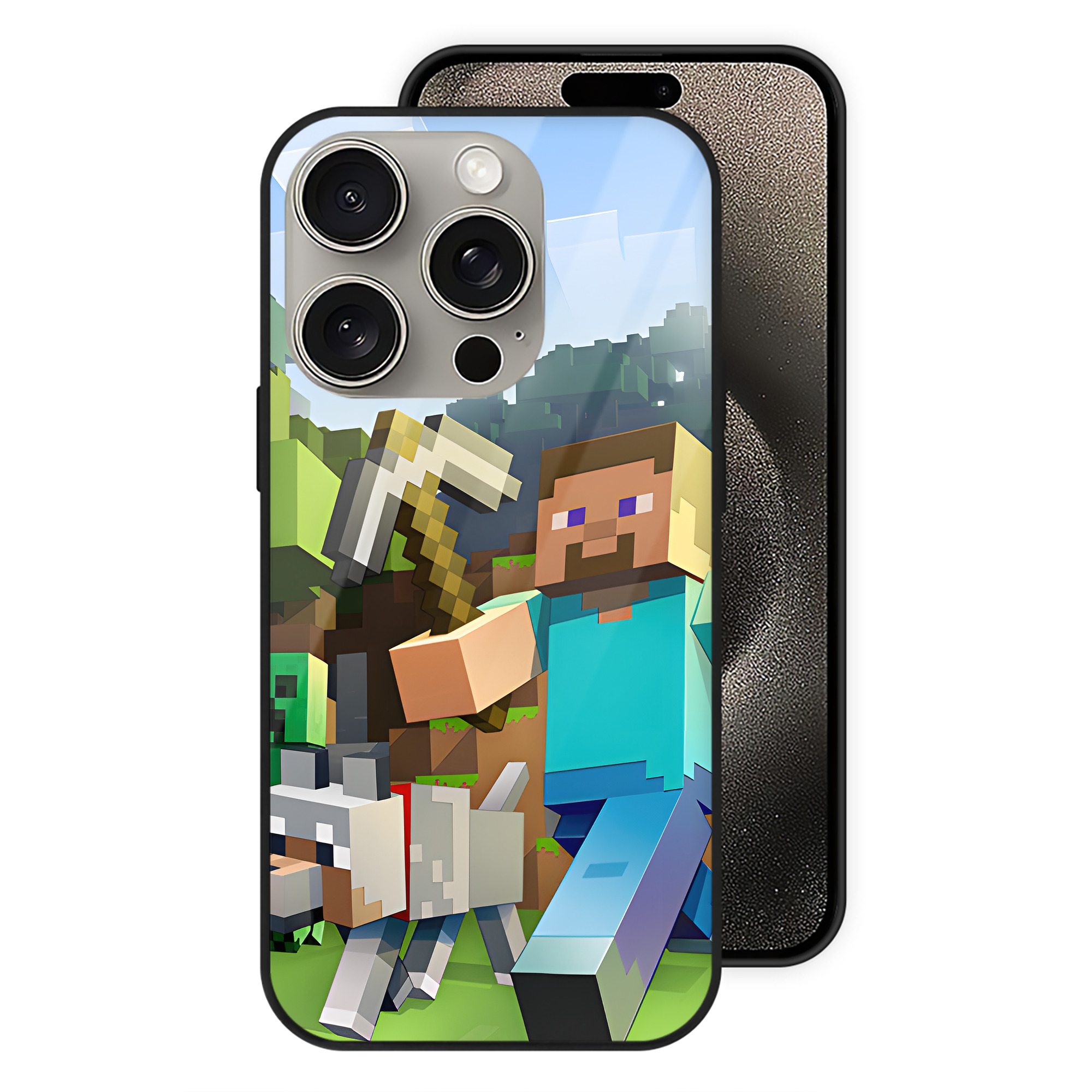 （画像用） マインクラフト ブロックの世界 Minecraft MC Block world 【iPhone15Pro対応】スマホケース 耐衝撃＆黄変防止 背面ガラス