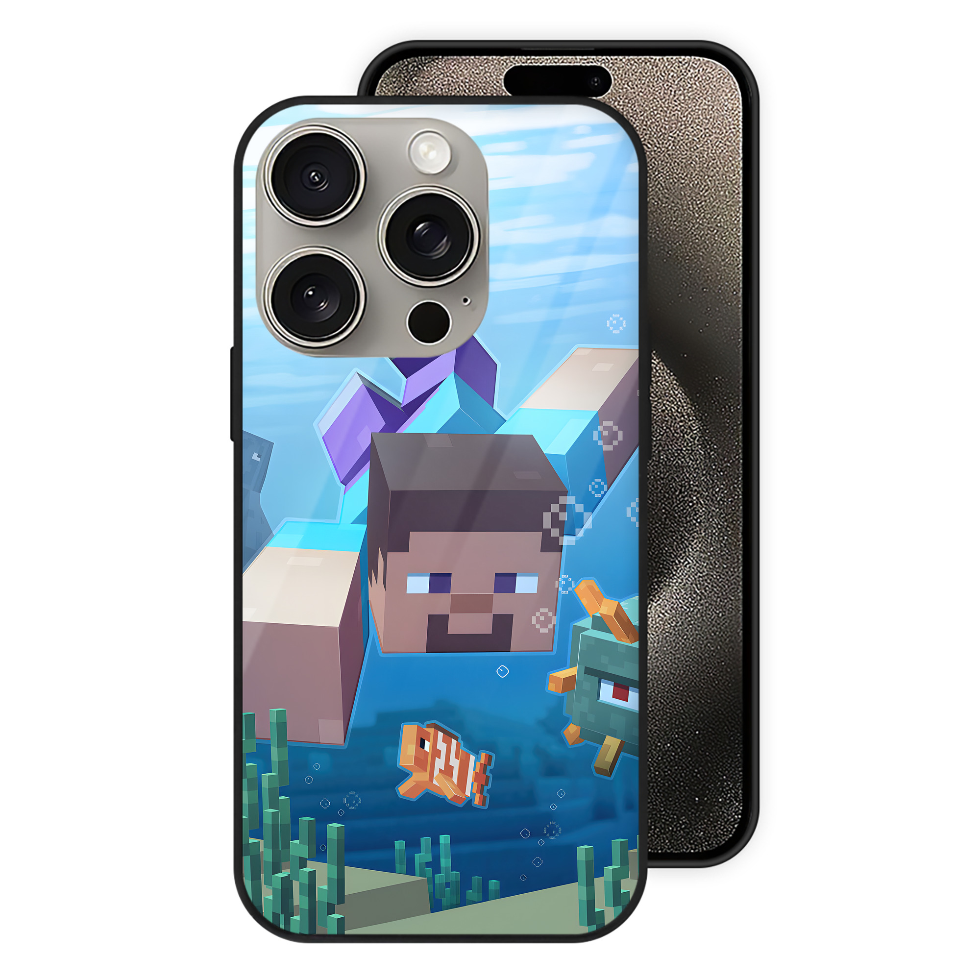 （画像用） マインクラフト ブロックの世界 Minecraft MC Block world 【iPhone15Pro対応】スマホケース 耐衝撃＆黄変防止 背面ガラス