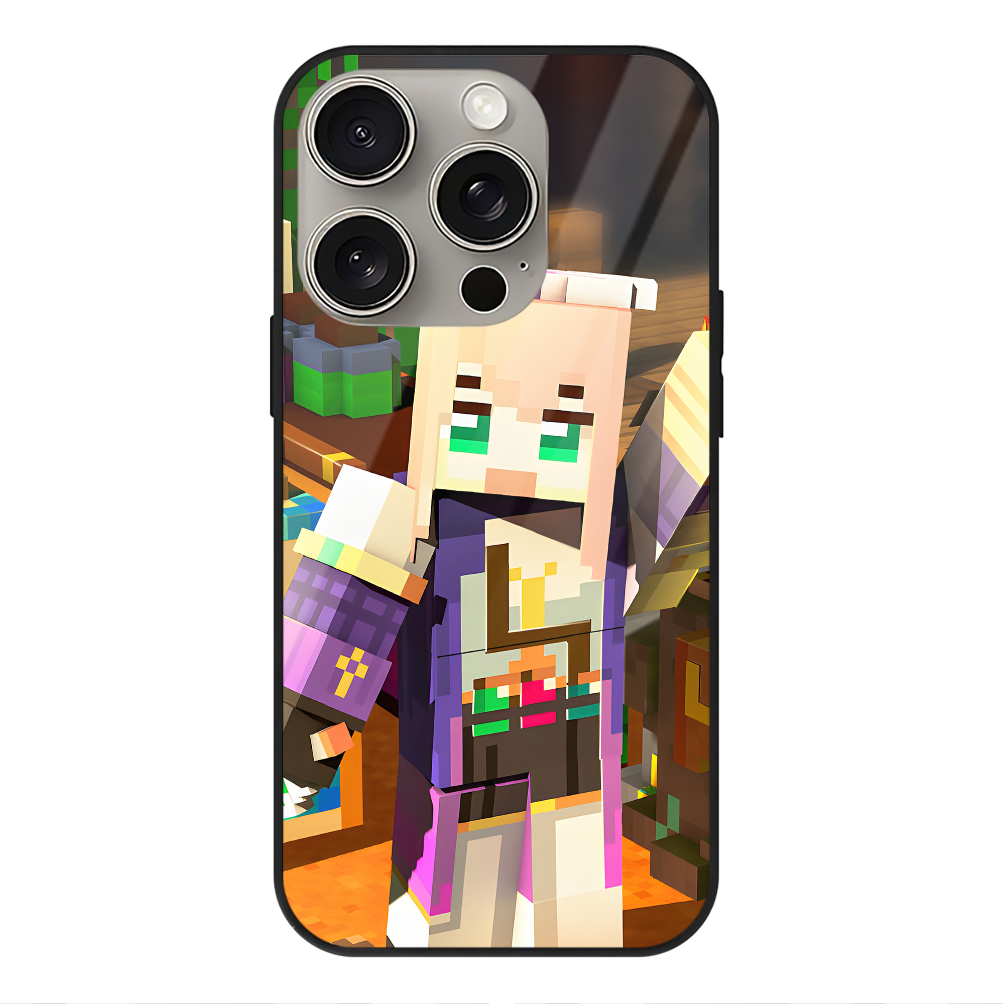 （画像用） マインクラフト ブロックの世界 Minecraft MC Block world 【iPhone15Pro対応】スマホケース 耐衝撃＆黄変防止 背面ガラス