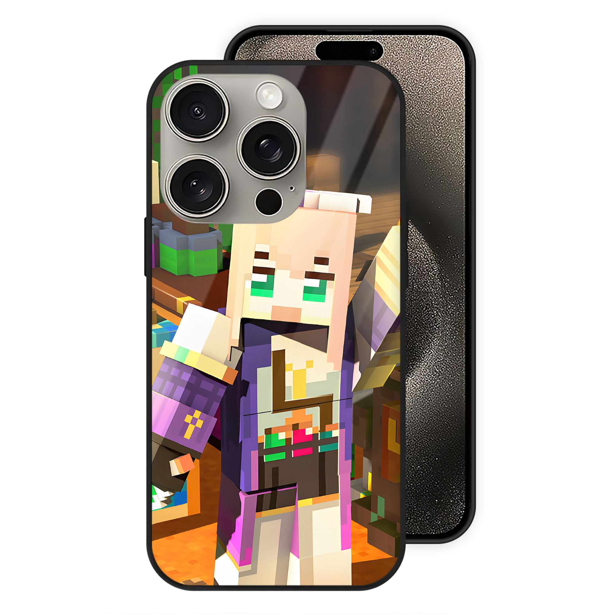（画像用） マインクラフト ブロックの世界 Minecraft MC Block world 【iPhone15Pro対応】スマホケース 耐衝撃＆黄変防止 背面ガラス
