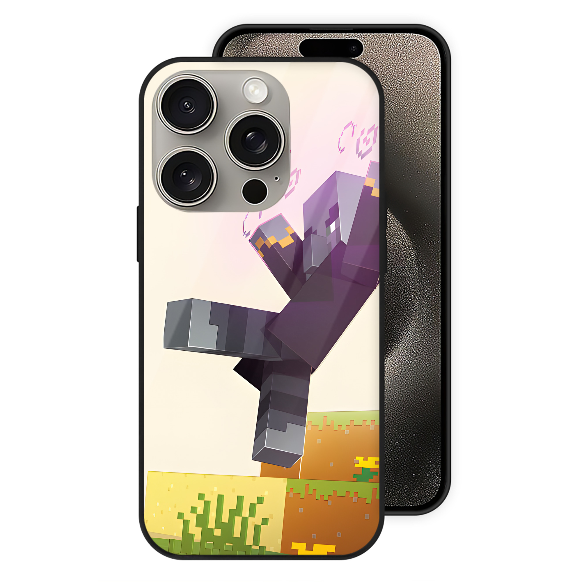 （画像用） マインクラフト ブロックの世界 Minecraft MC Block world 【iPhone15Pro対応】スマホケース 耐衝撃＆黄変防止 背面ガラス