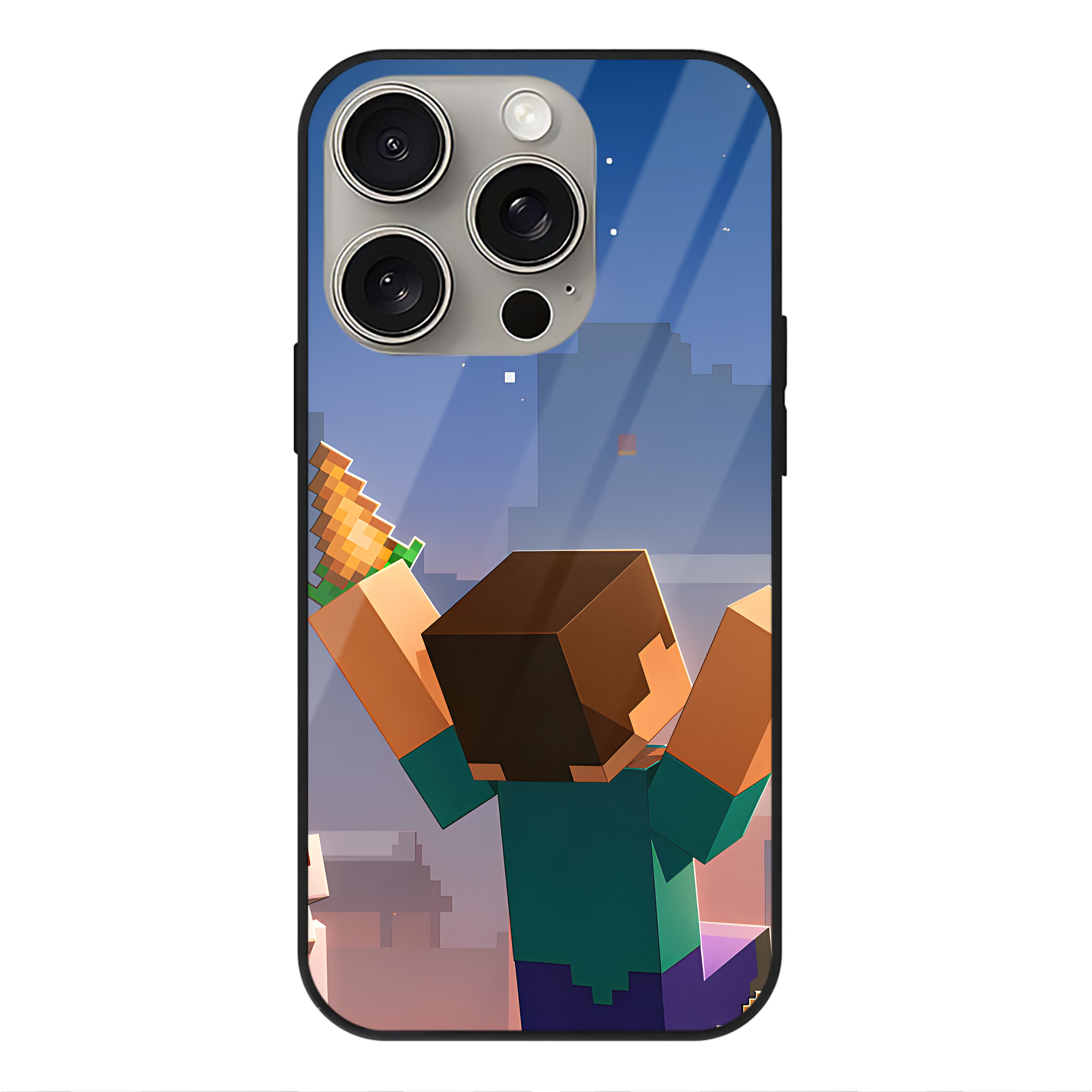 （画像用） マインクラフト ブロックの世界 Minecraft MC Block world 【iPhone15Pro対応】スマホケース 耐衝撃＆黄変防止 背面ガラス