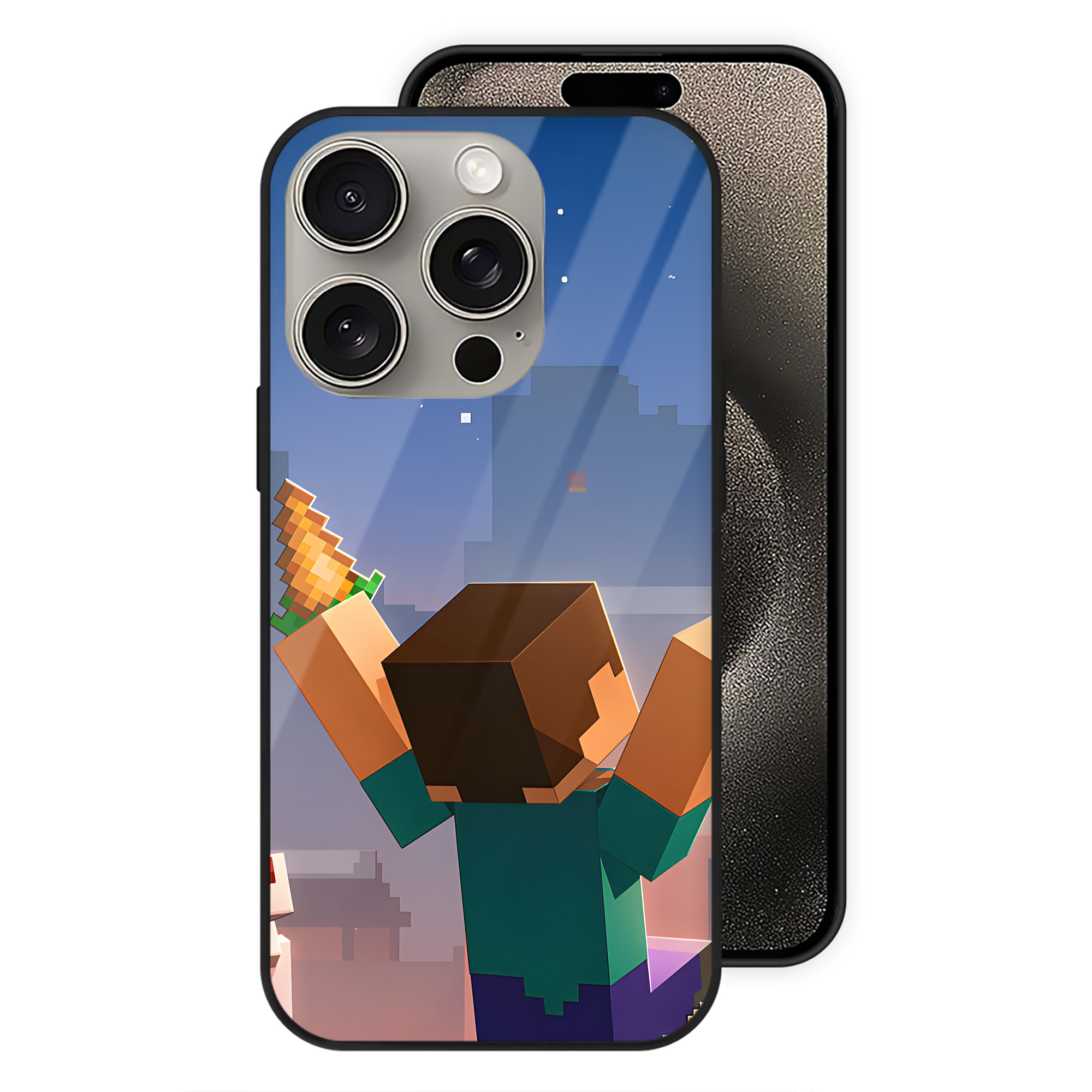（画像用） マインクラフト ブロックの世界 Minecraft MC Block world 【iPhone15Pro対応】スマホケース 耐衝撃＆黄変防止 背面ガラス