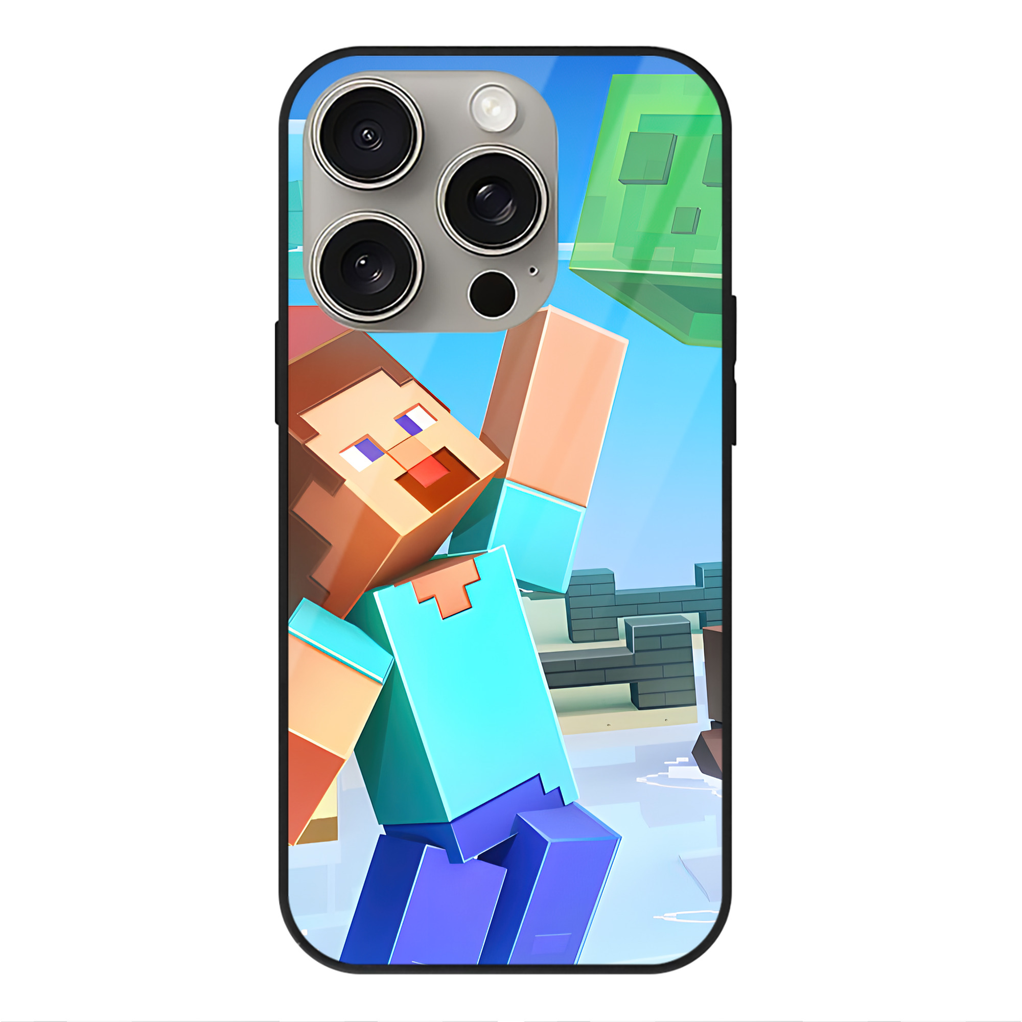 （画像用） マインクラフト ブロックの世界 Minecraft MC Block world 【iPhone15Pro対応】スマホケース 耐衝撃＆黄変防止 背面ガラス