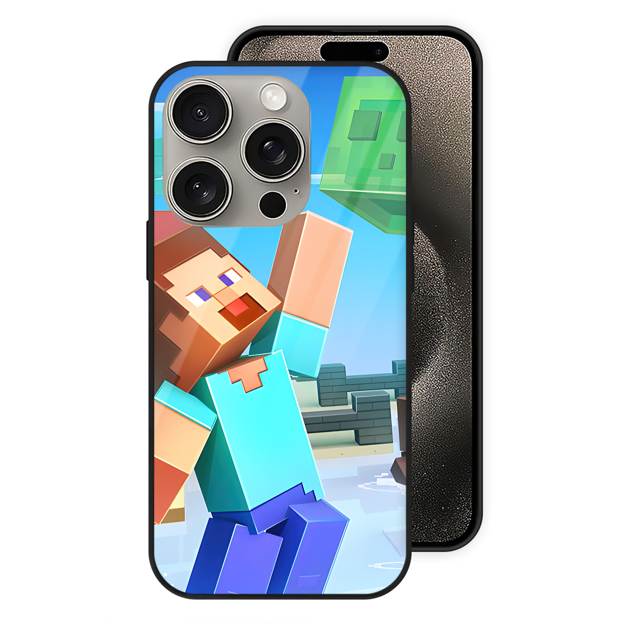 （画像用） マインクラフト ブロックの世界 Minecraft MC Block world 【iPhone15Pro対応】スマホケース 耐衝撃＆黄変防止 背面ガラス