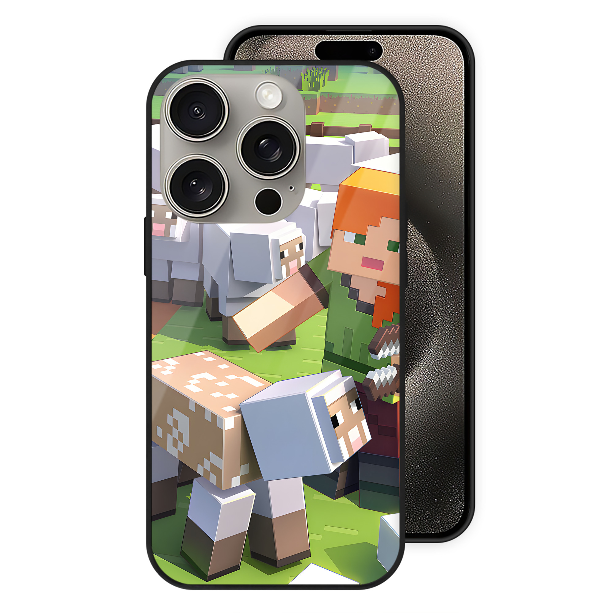 （画像用） マインクラフト ブロックの世界 Minecraft MC Block world 【iPhone15Pro対応】スマホケース 耐衝撃＆黄変防止 背面ガラス