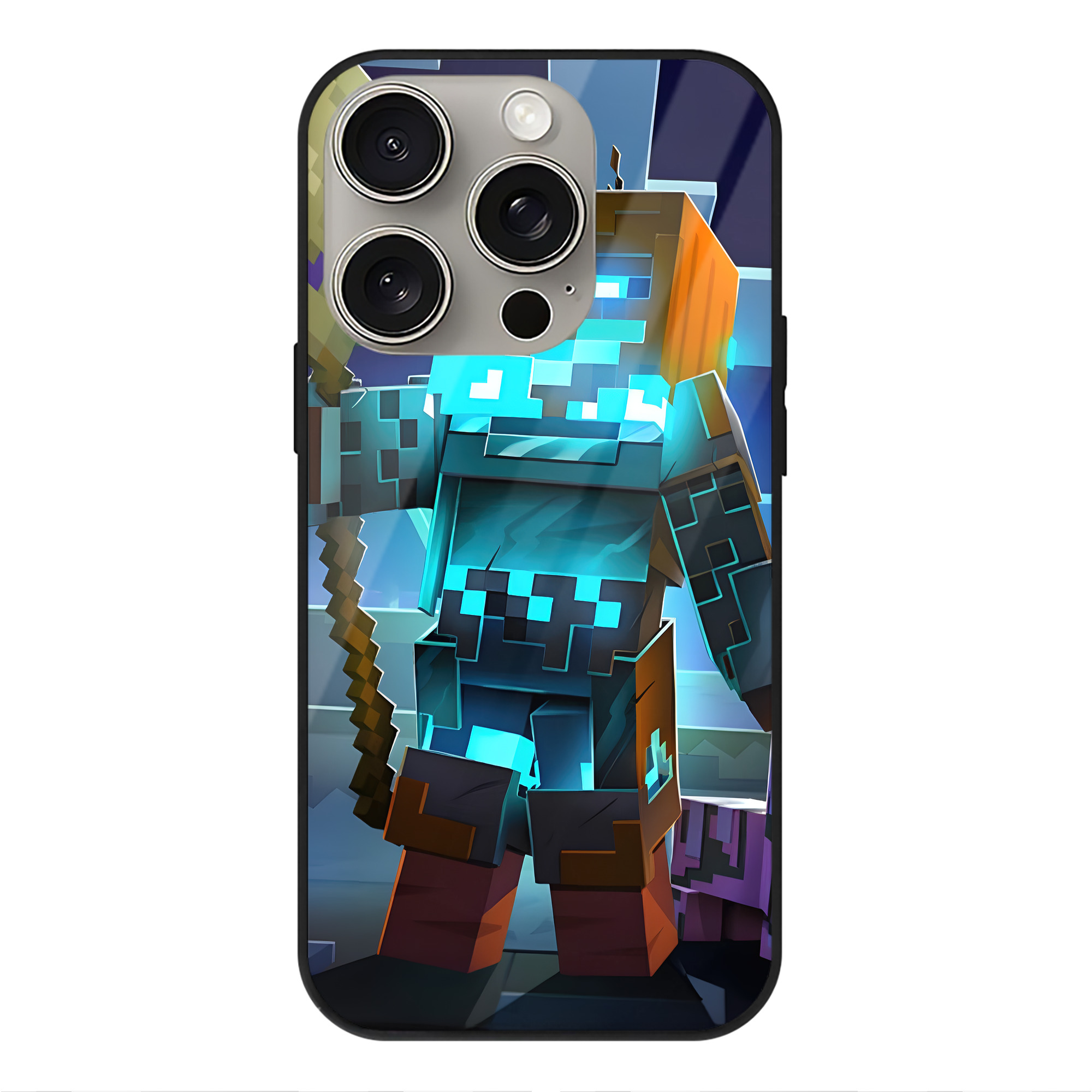 （画像用） マインクラフト ブロックの世界 Minecraft MC Block world 【iPhone15Pro対応】スマホケース 耐衝撃＆黄変防止 背面ガラス