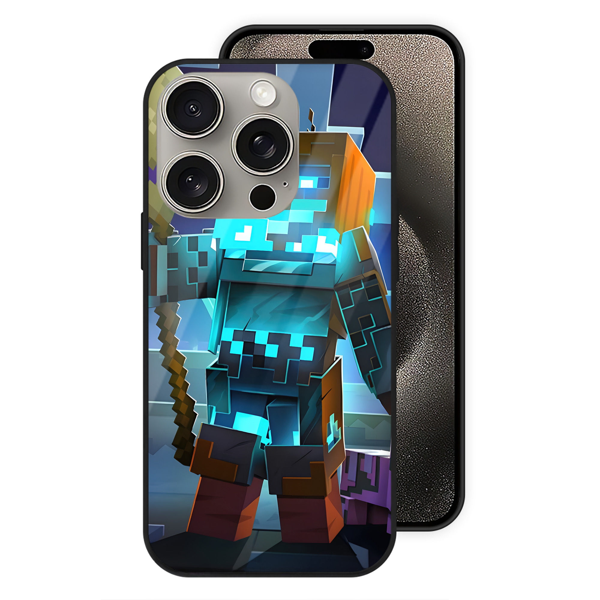 （画像用） マインクラフト ブロックの世界 Minecraft MC Block world 【iPhone15Pro対応】スマホケース 耐衝撃＆黄変防止 背面ガラス