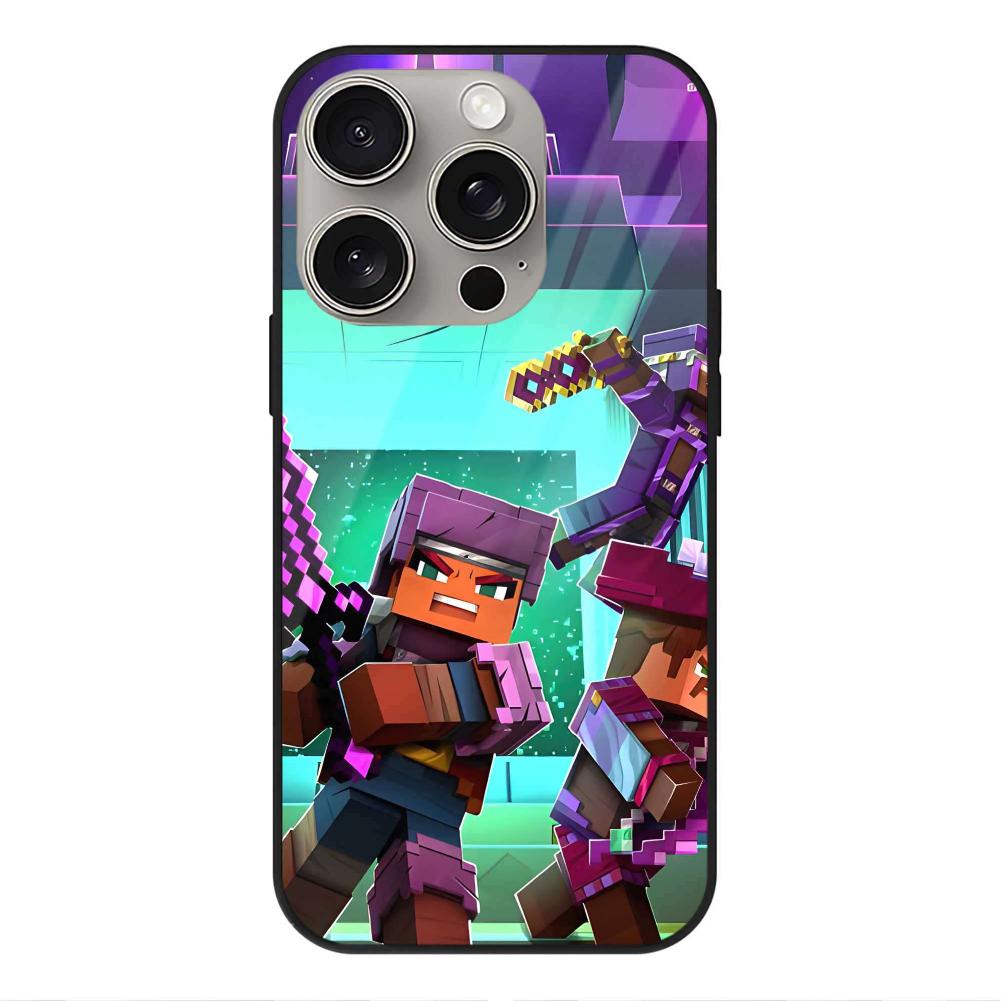 （画像用） マインクラフト ブロックの世界 Minecraft MC Block world 【iPhone15Pro対応】スマホケース 耐衝撃＆黄変防止 背面ガラス