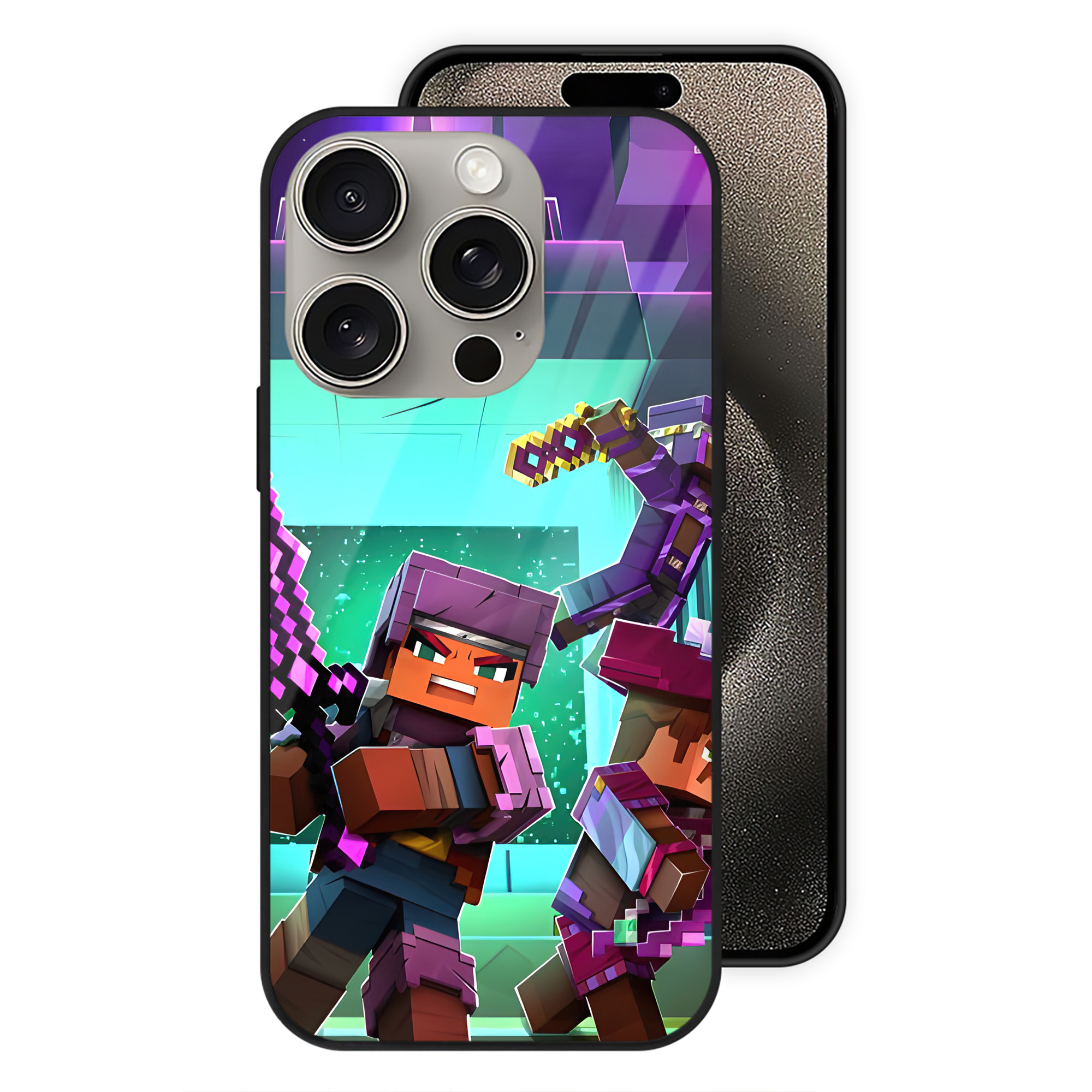 （画像用） マインクラフト ブロックの世界 Minecraft MC Block world 【iPhone15Pro対応】スマホケース 耐衝撃＆黄変防止 背面ガラス