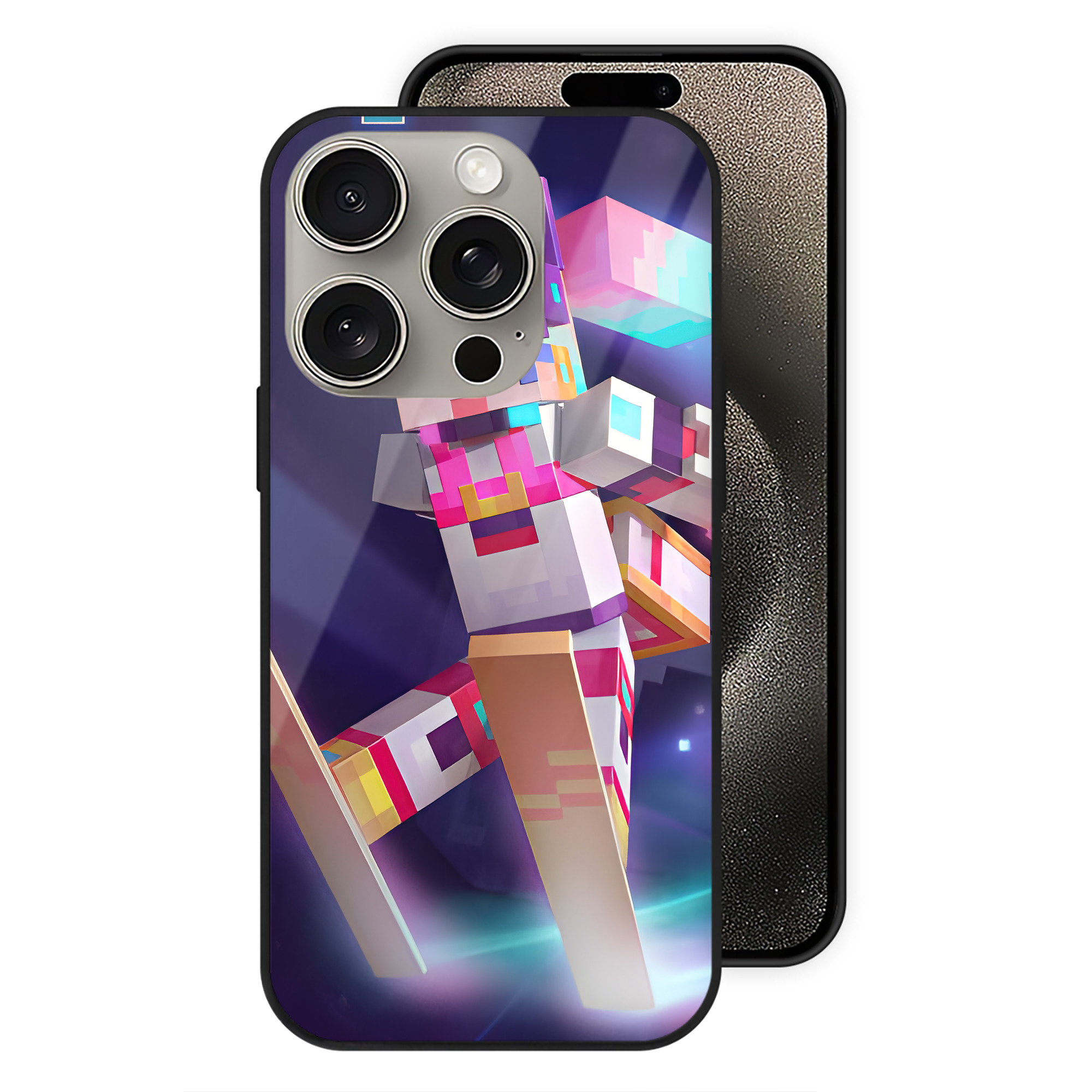 （画像用） マインクラフト ブロックの世界 Minecraft MC Block world 【iPhone15Pro対応】スマホケース 耐衝撃＆黄変防止 背面ガラス