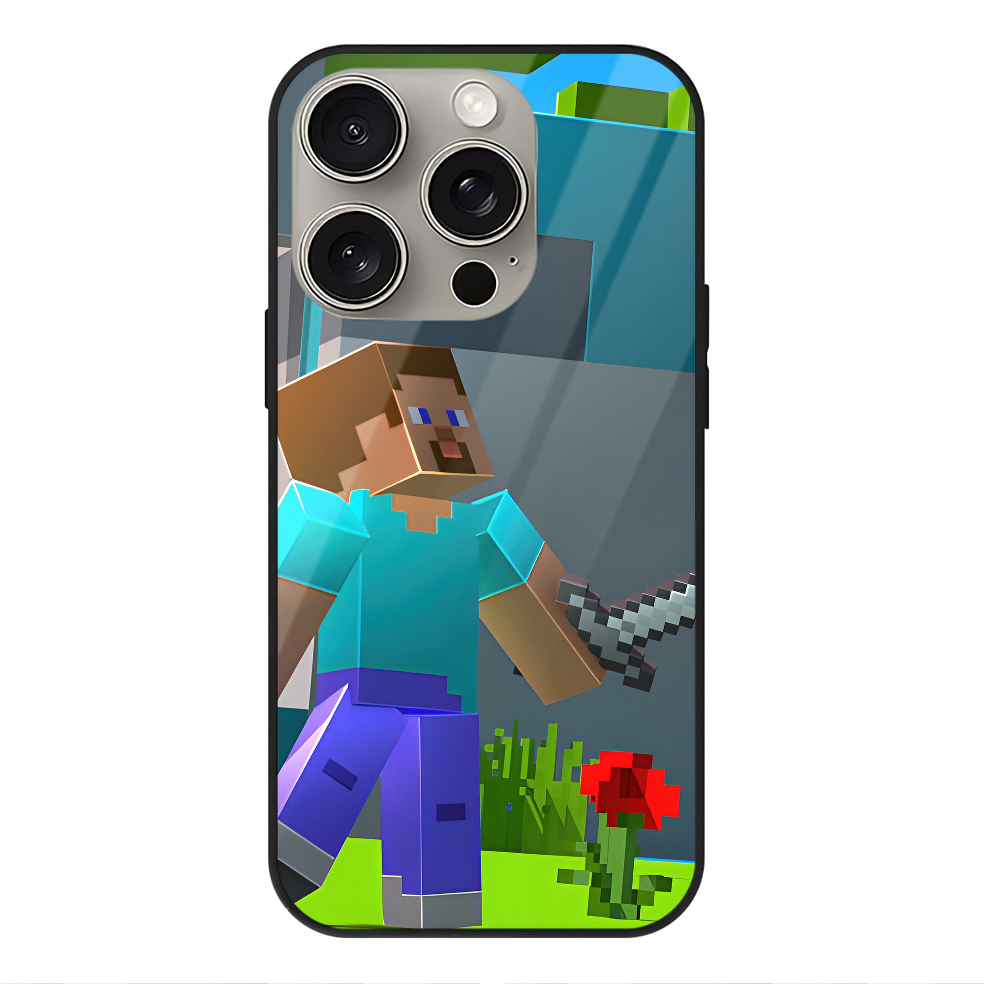 （画像用） マインクラフト ブロックの世界 Minecraft MC Block world 【iPhone15Pro対応】スマホケース 耐衝撃＆黄変防止 背面ガラス