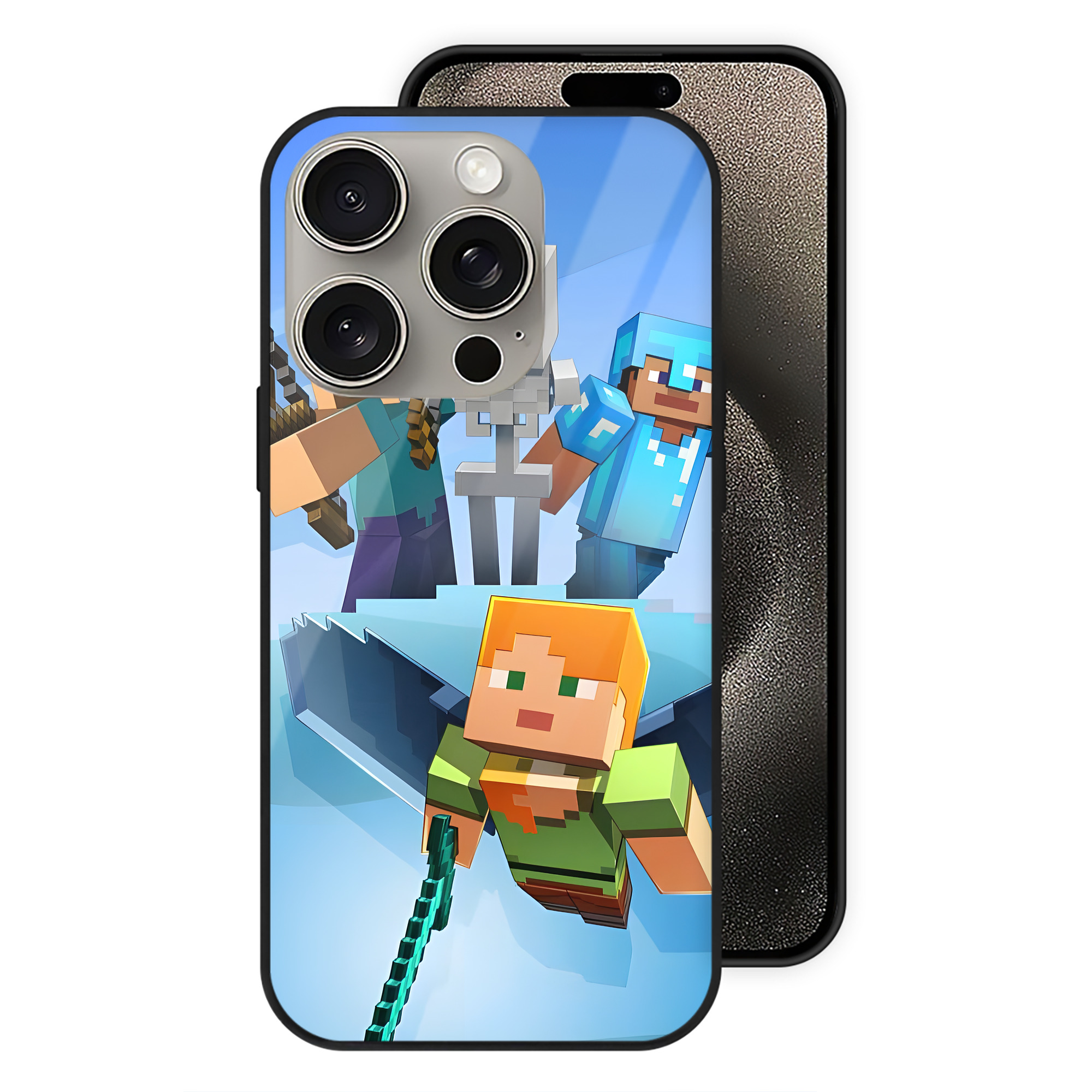 （画像用） マインクラフト ブロックの世界 Minecraft MC Block world 【iPhone15Pro対応】スマホケース 耐衝撃＆黄変防止 背面ガラス